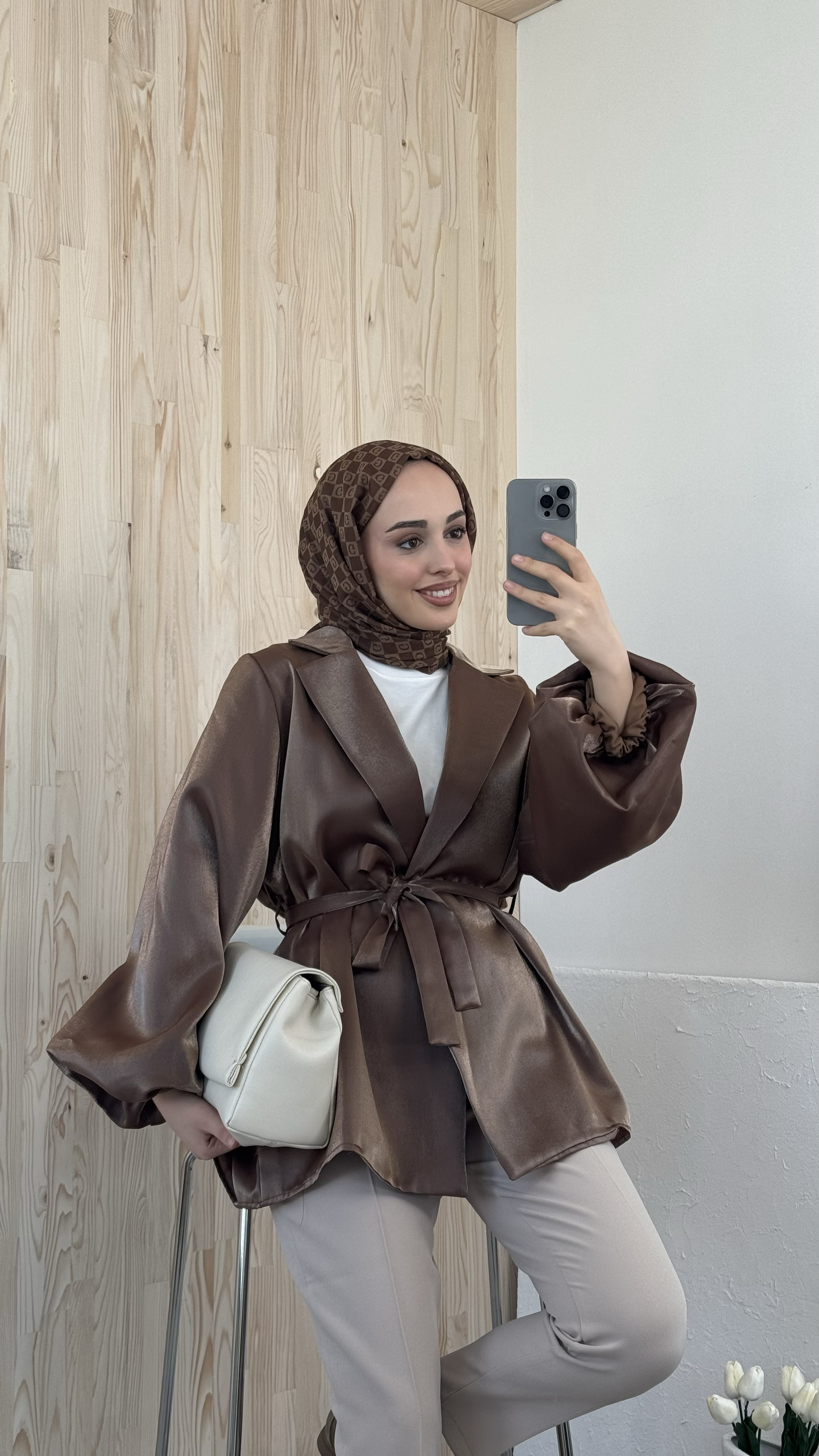 Kahve Balon Kol Bağlamalı Kimono/Ceket
