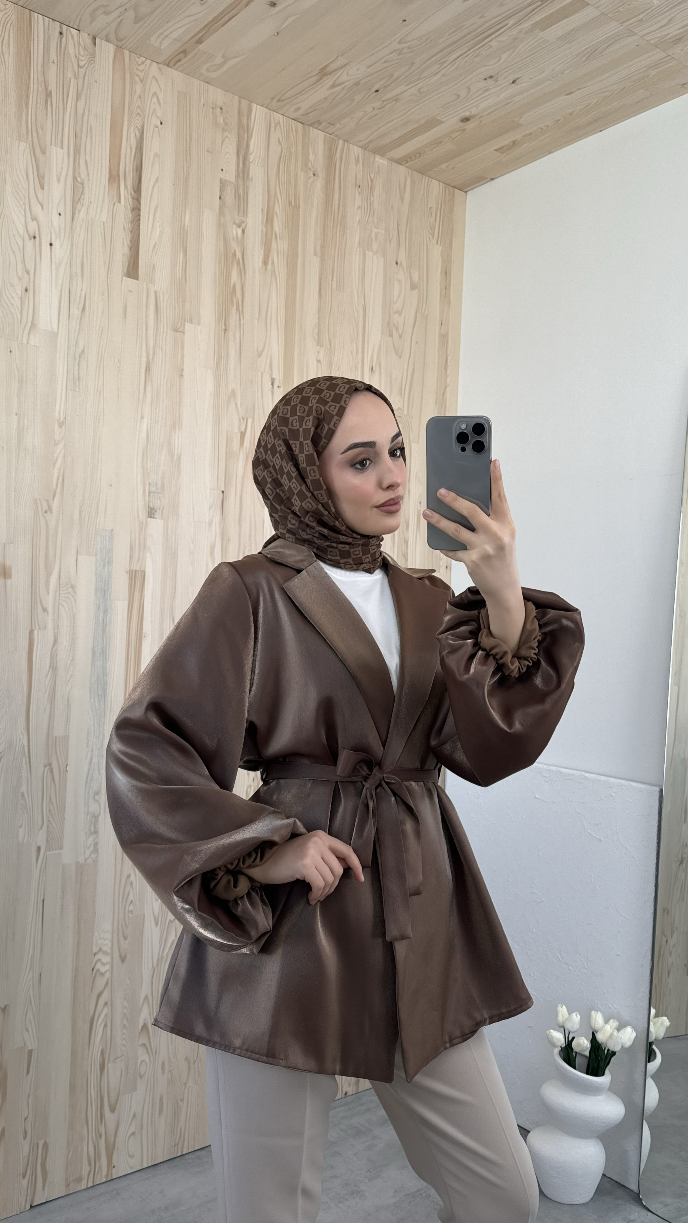 Kahve Balon Kol Bağlamalı Kimono/Ceket