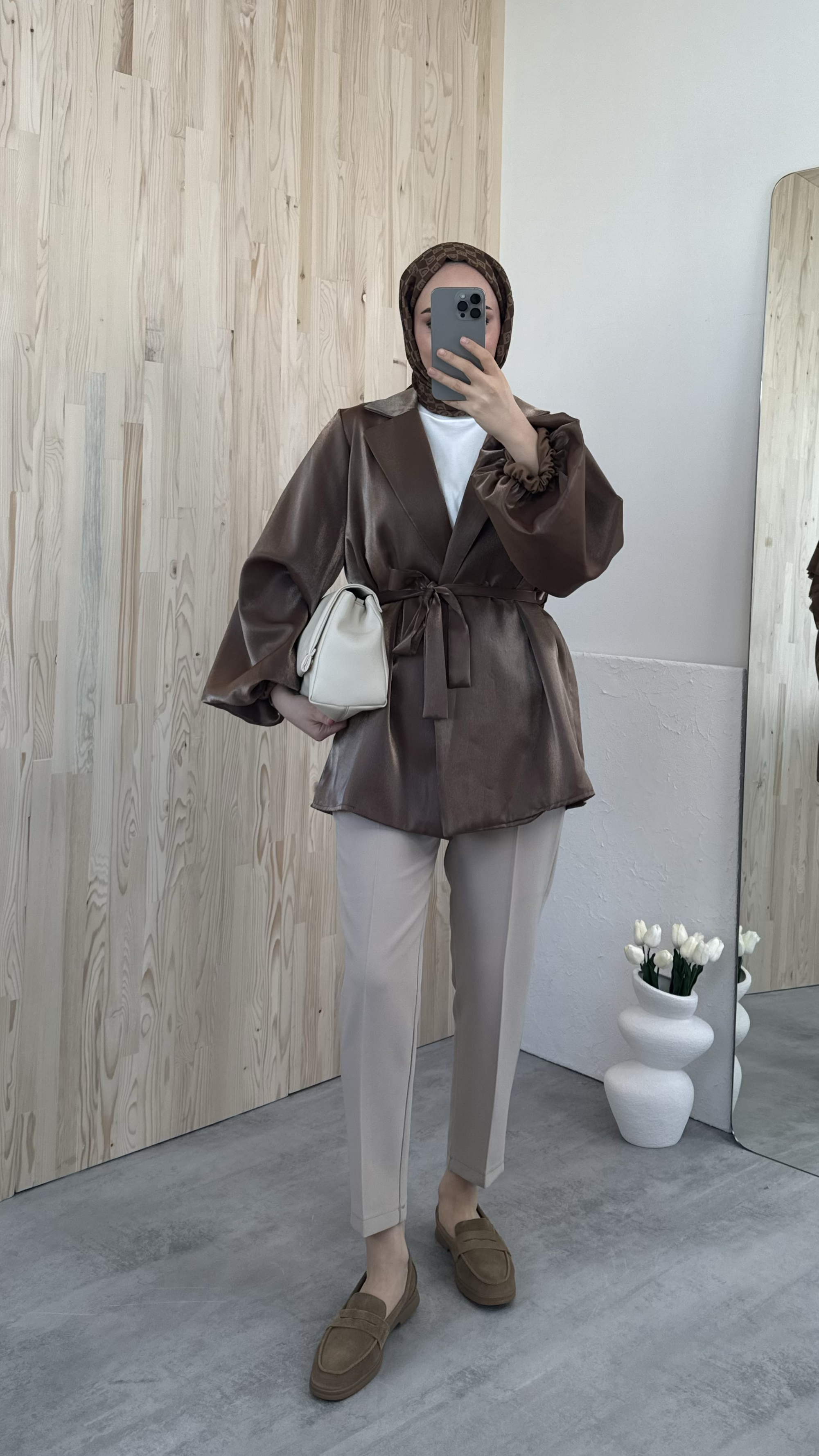 Kahve Balon Kol Bağlamalı Kimono/Ceket
