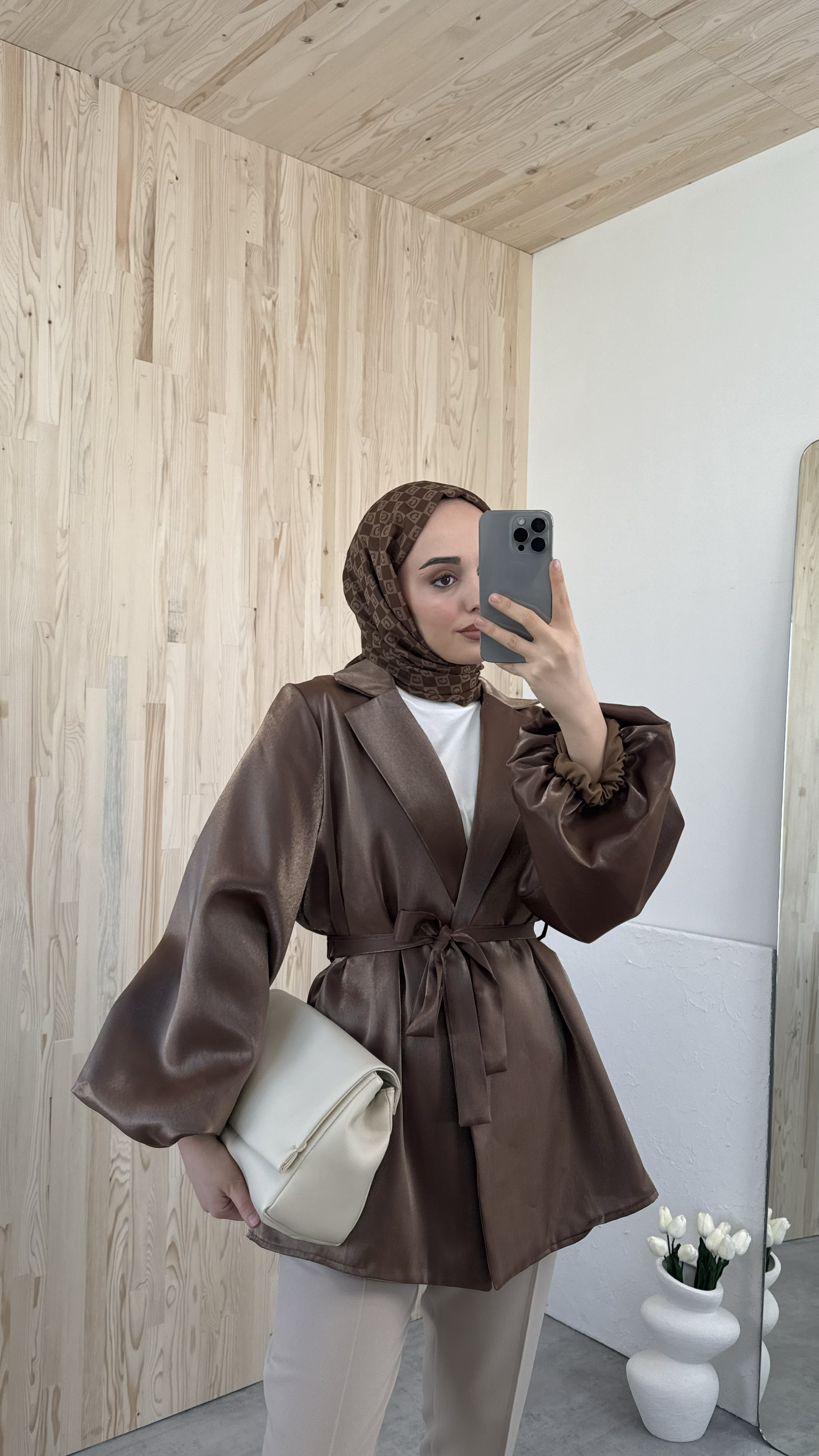 Kahve Balon Kol Bağlamalı Kimono/Ceket