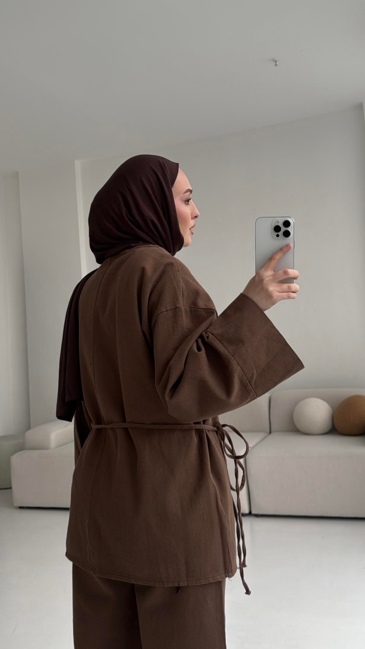 Kahve Gabardin Kimono Takım