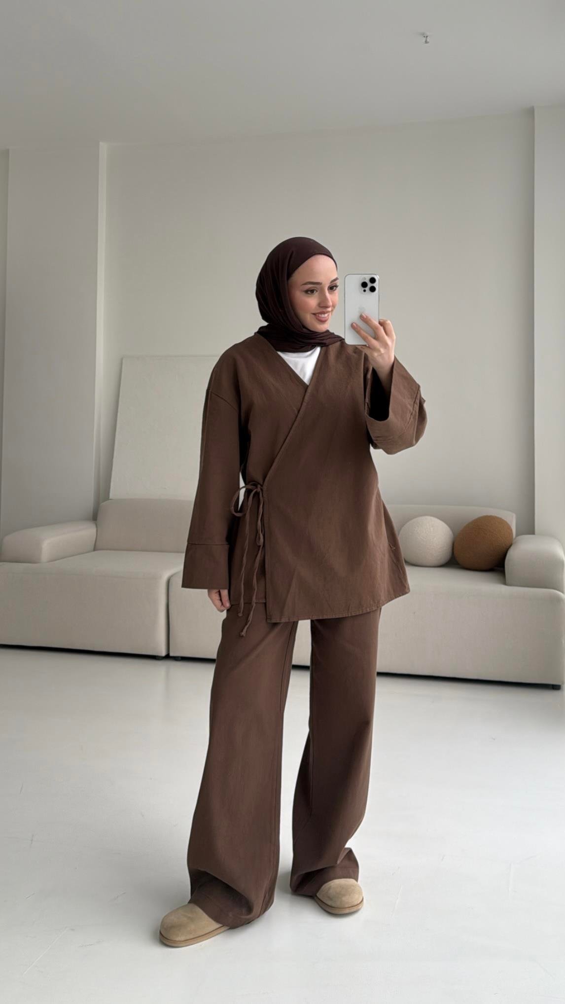Kahve Gabardin Kimono Takım