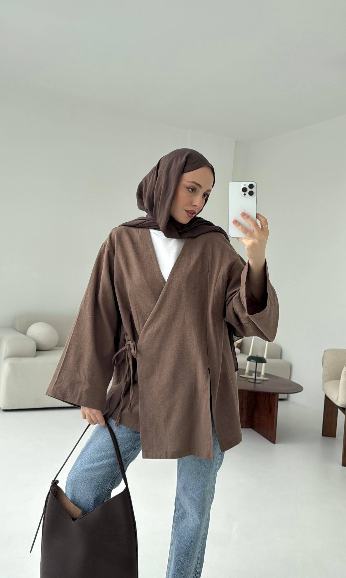 Kahve Yırtmaç Detay Keten Kimono