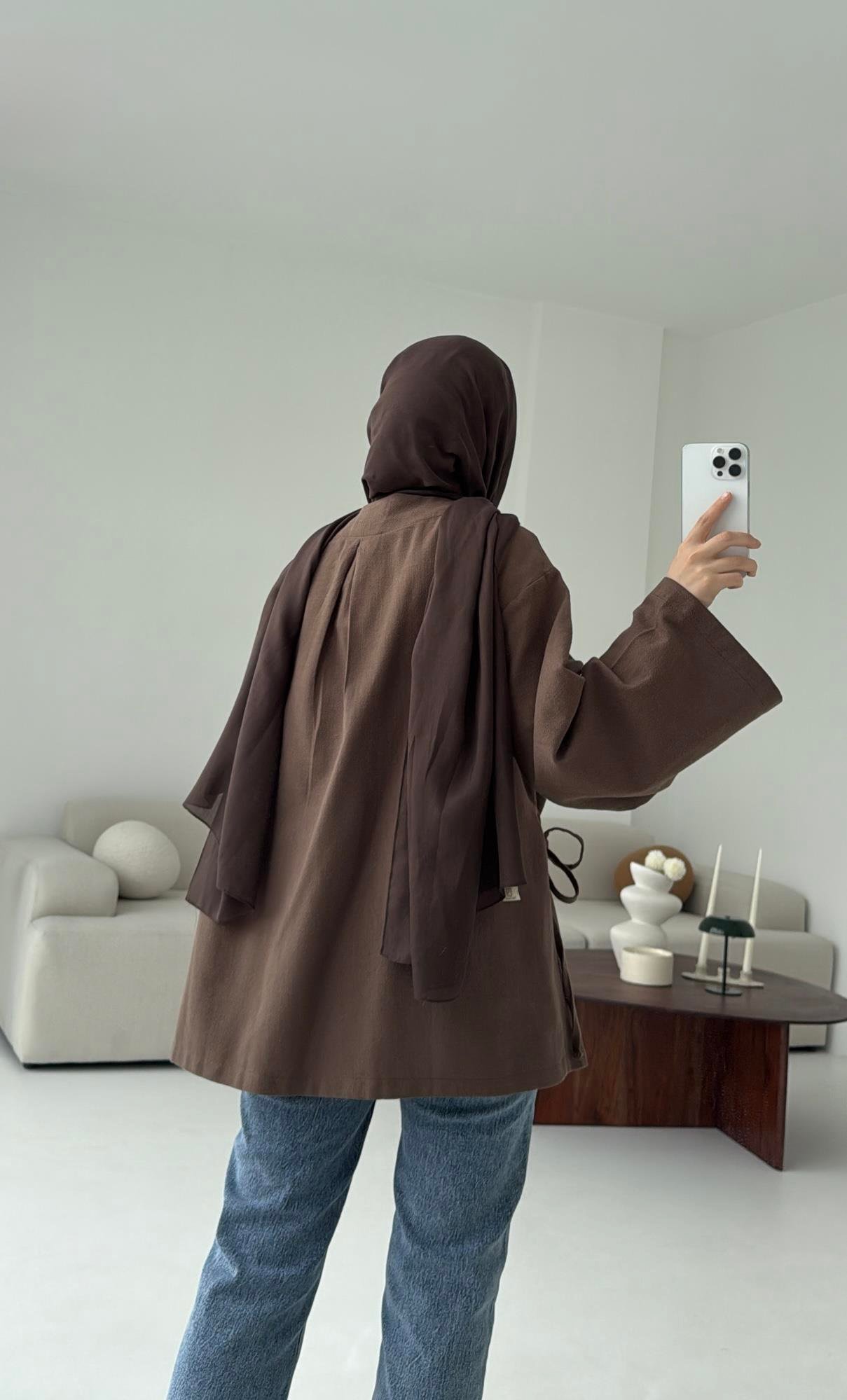 Kahve Yırtmaç Detay Keten Kimono