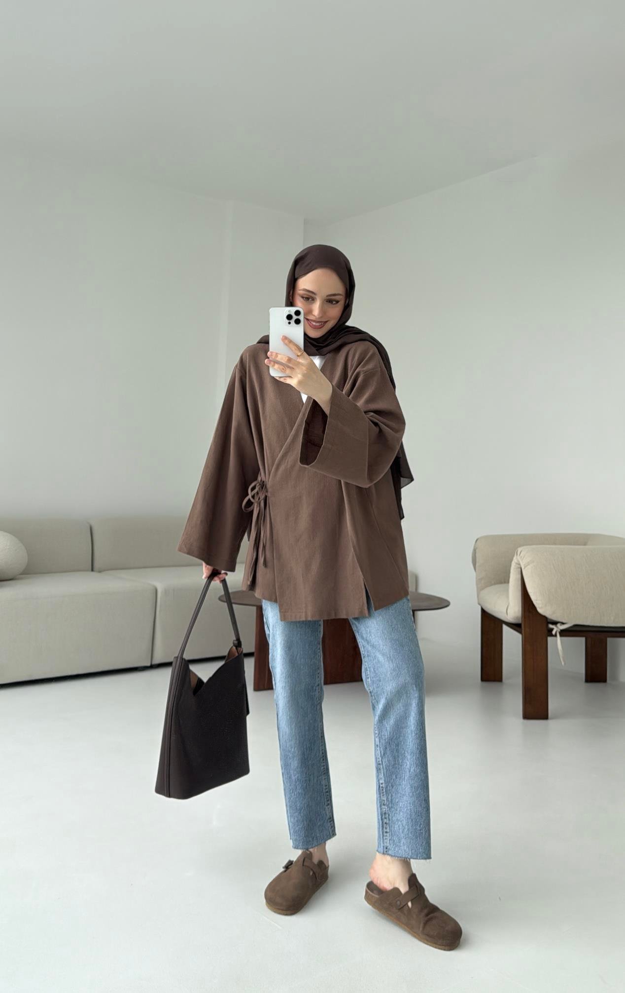 Kahve Yırtmaç Detay Keten Kimono