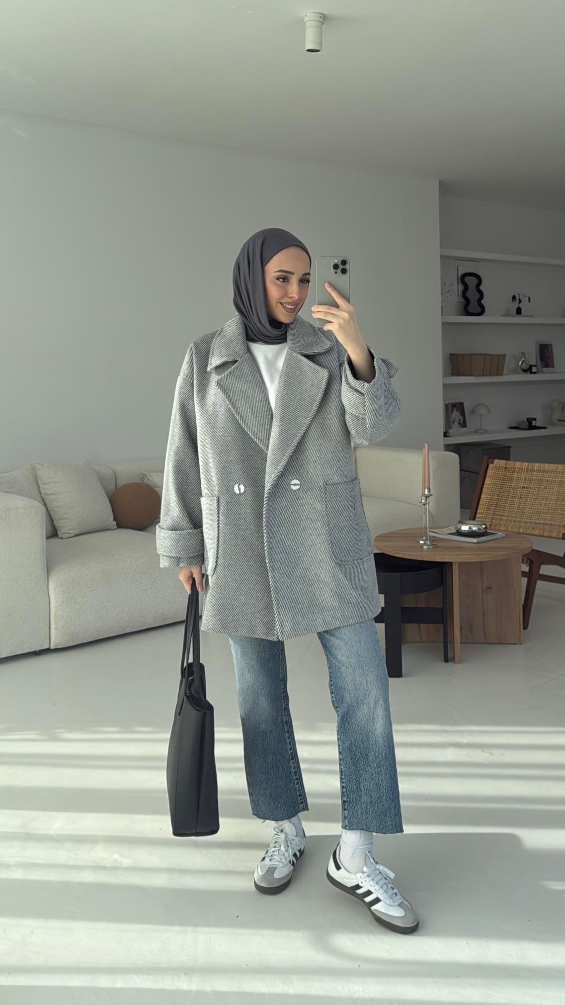 Kendinden Çizgili Oversize Kaşe Kaban Gri