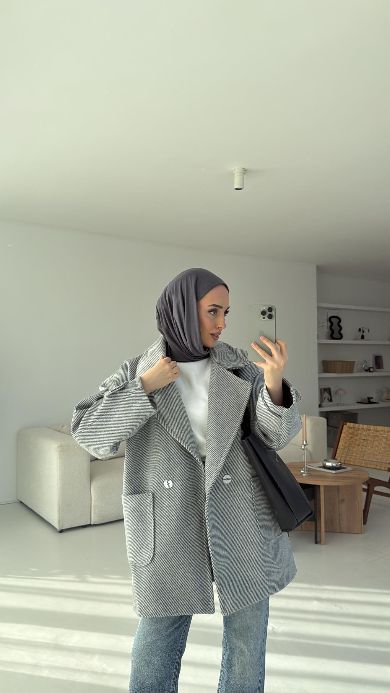 Kendinden Çizgili Oversize Kaşe Kaban Gri