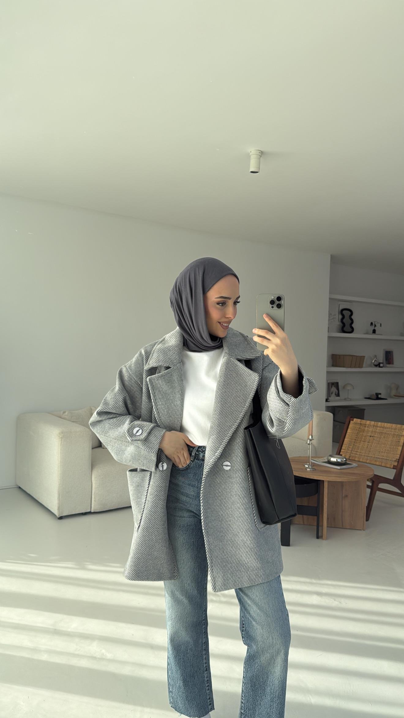 Kendinden Çizgili Oversize Kaşe Kaban Gri