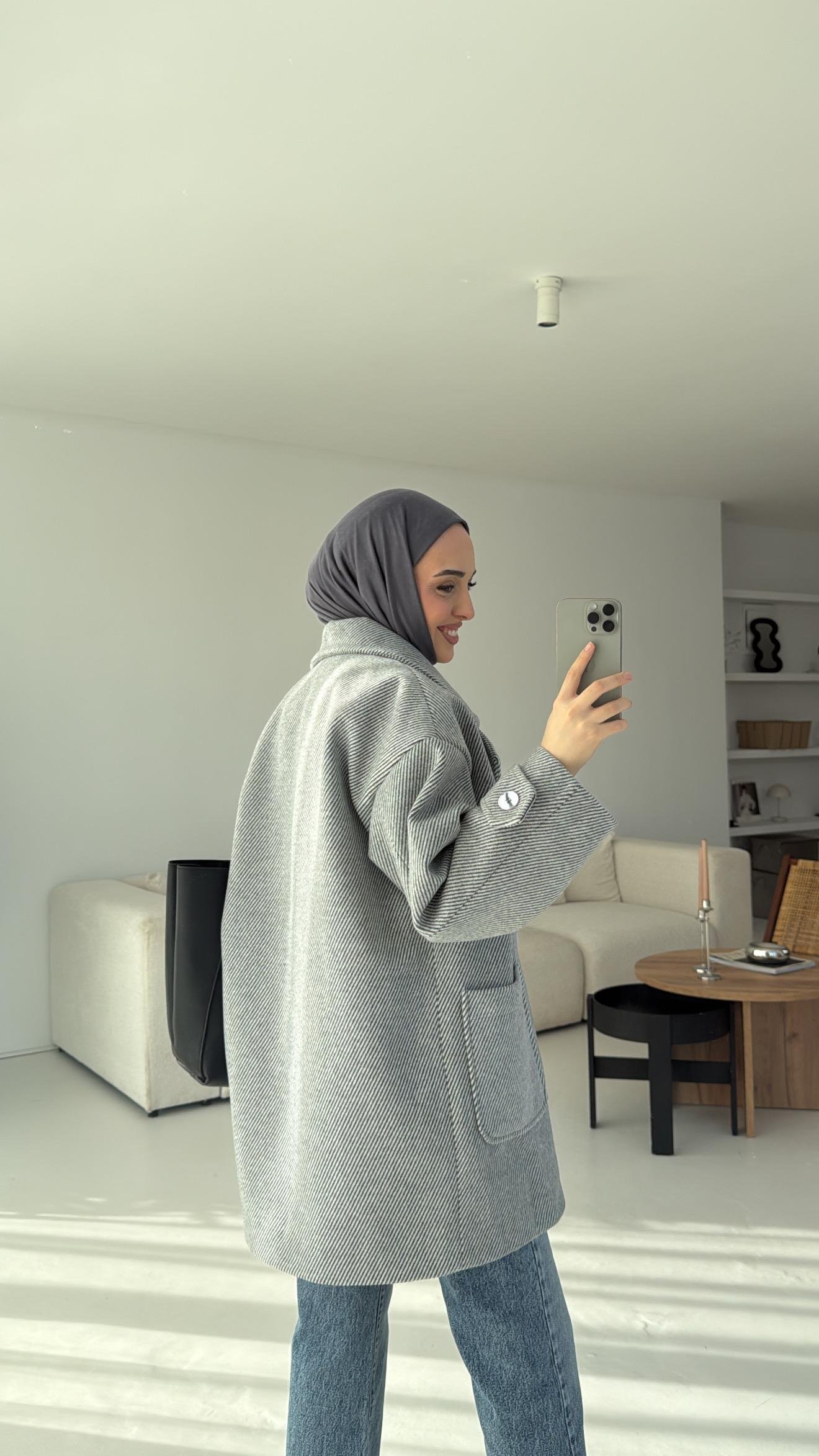 Kendinden Çizgili Oversize Kaşe Kaban Gri
