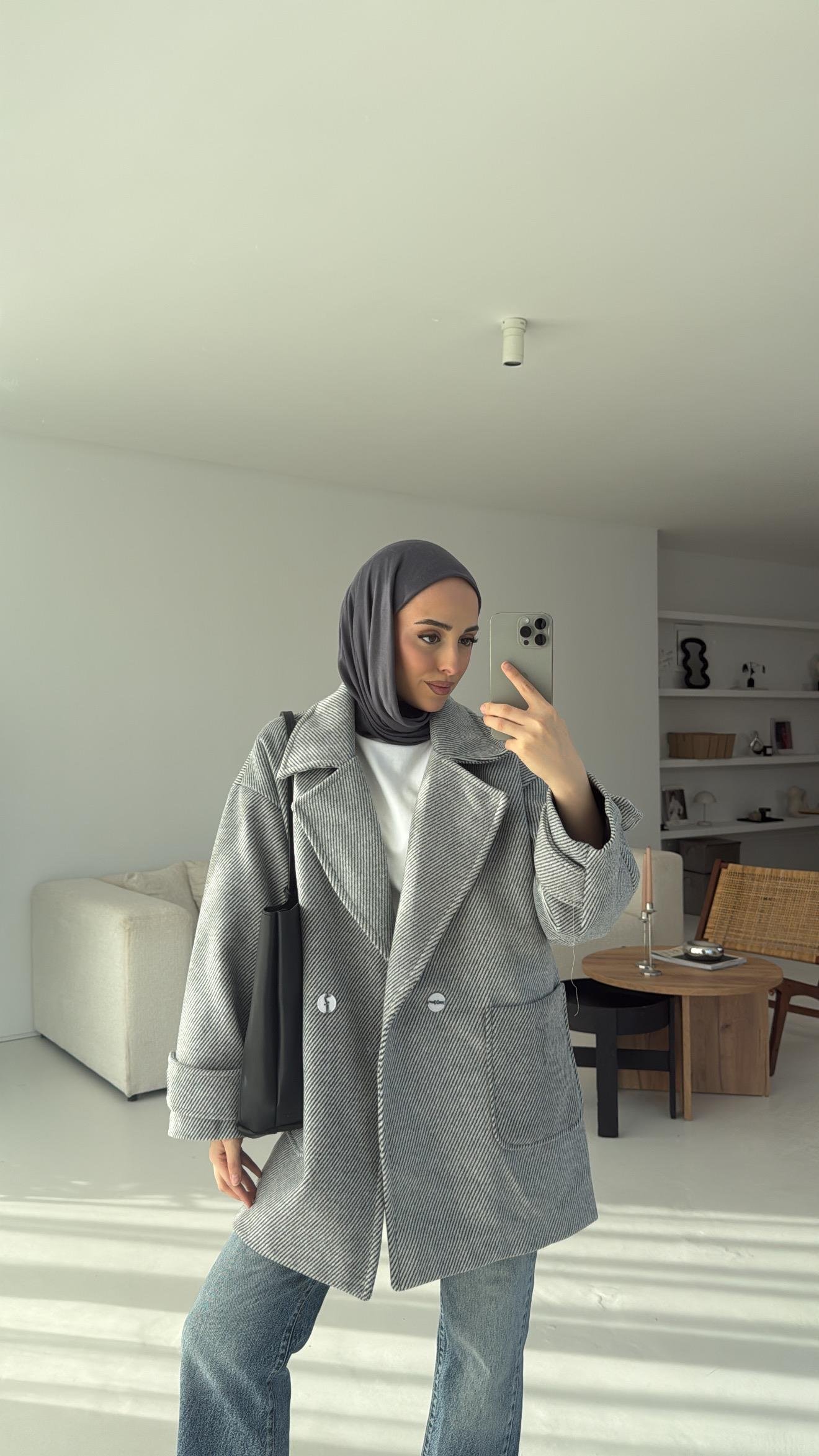 Kendinden Çizgili Oversize Kaşe Kaban Gri
