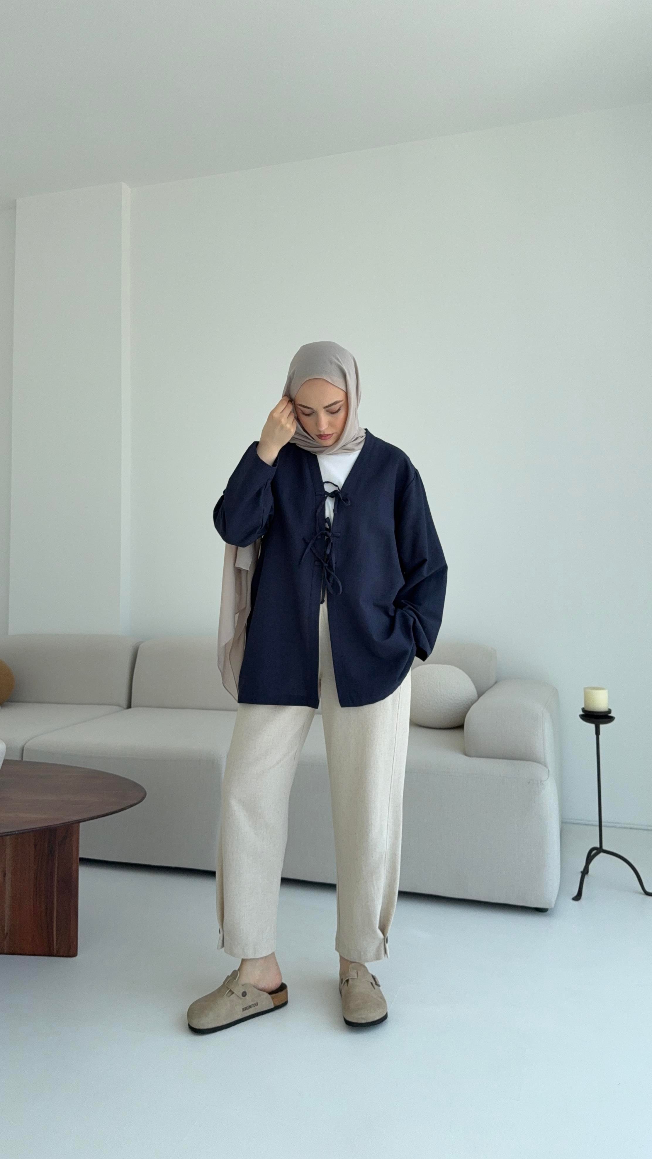 Keten Üç Bağlamalı Kimono Lacivert