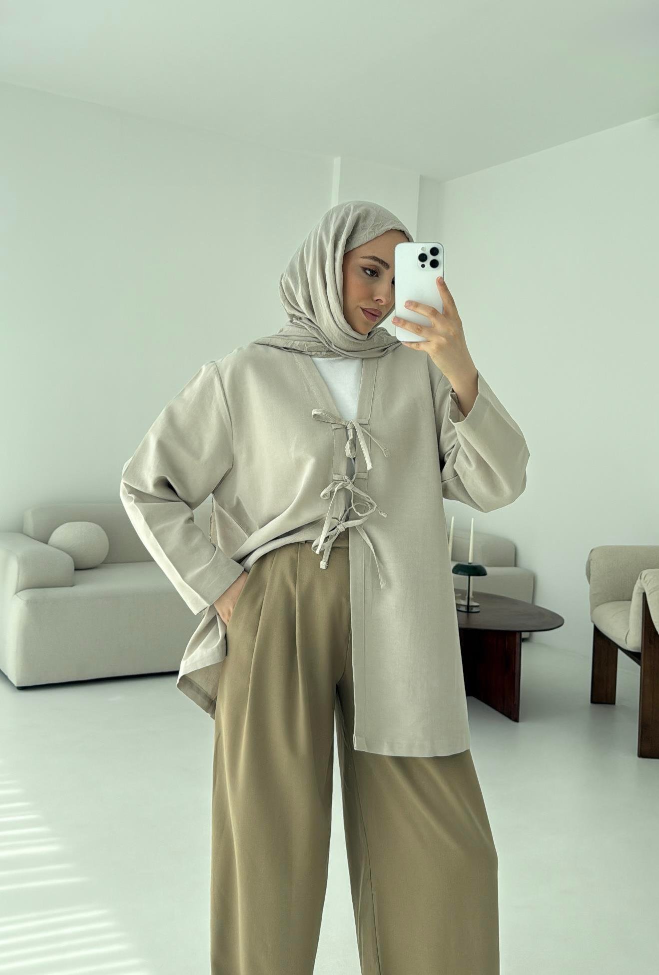 Keten Üç Bağlamalı Kimono Taş