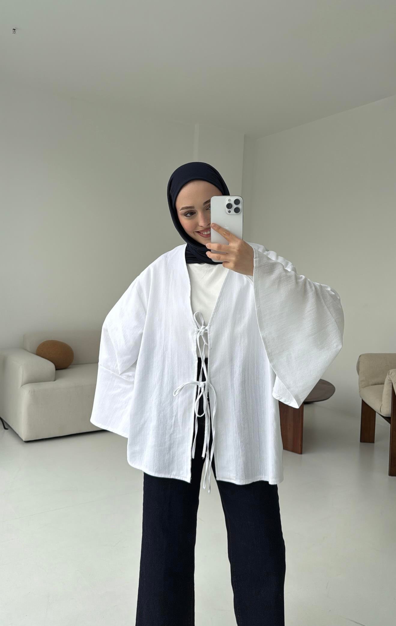 Kol Detay Kimono Beyaz