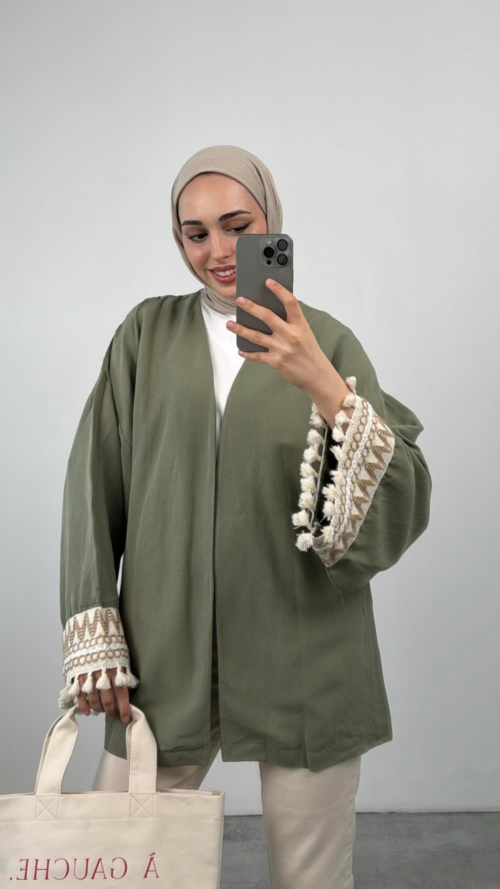 Kol Detaylı Kimono Haki