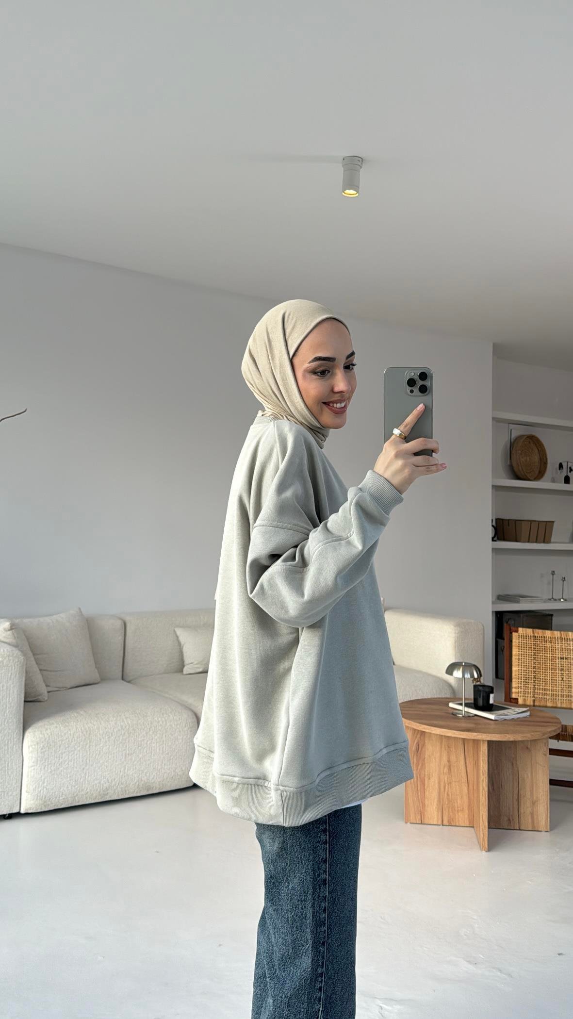 Kolları Dikiş Detaylı Oversize Sweatshirt Gri