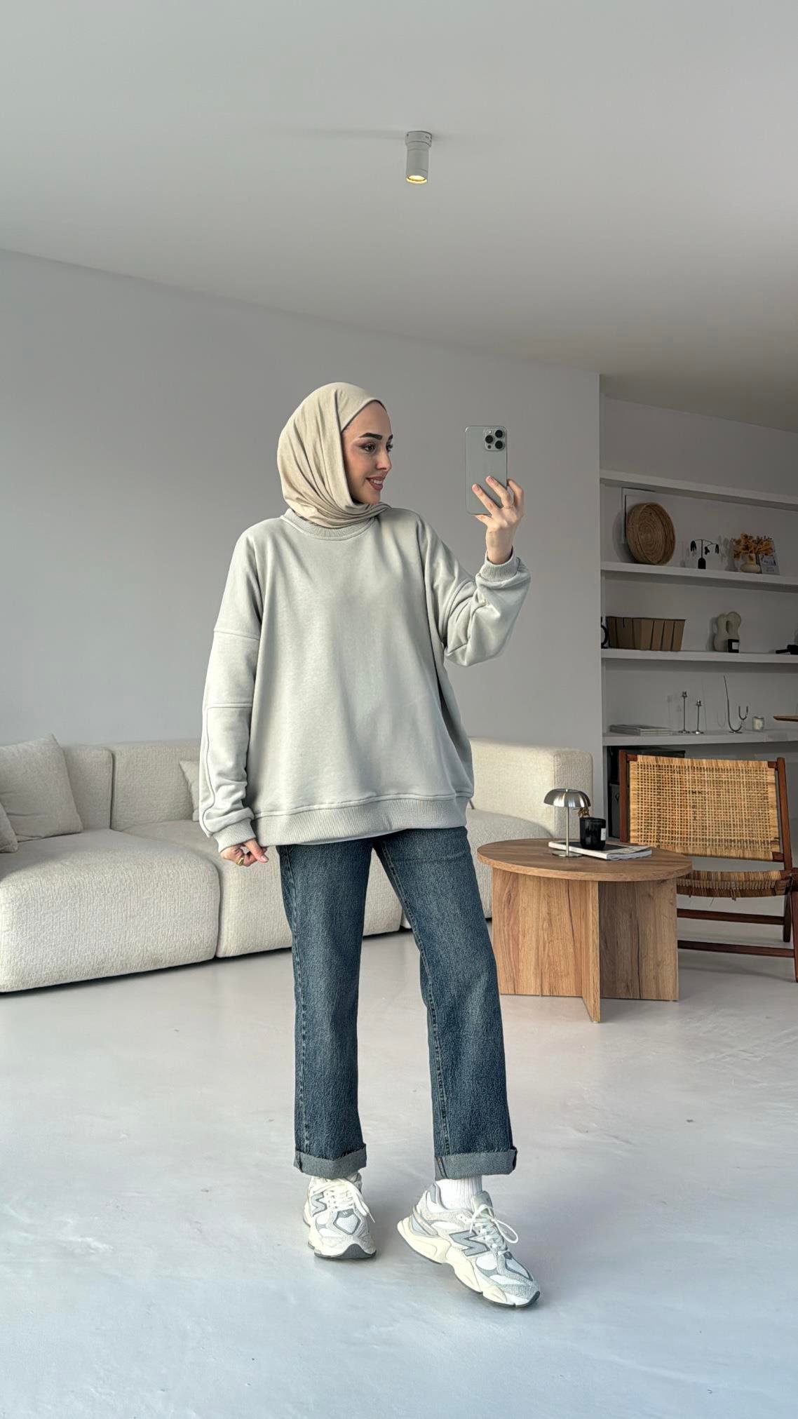 Kolları Dikiş Detaylı Oversize Sweatshirt Gri