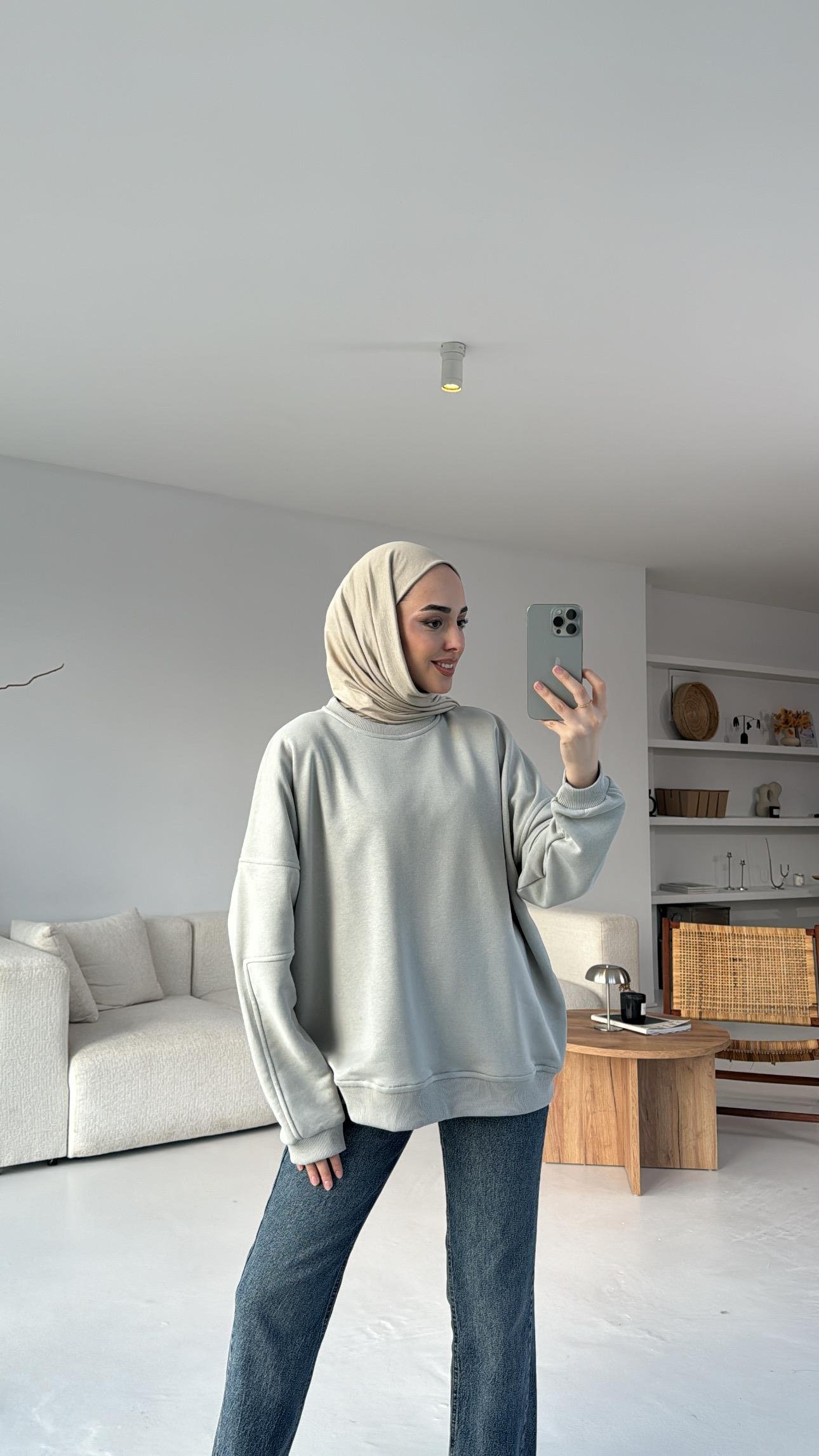 Kolları Dikiş Detaylı Oversize Sweatshirt Gri