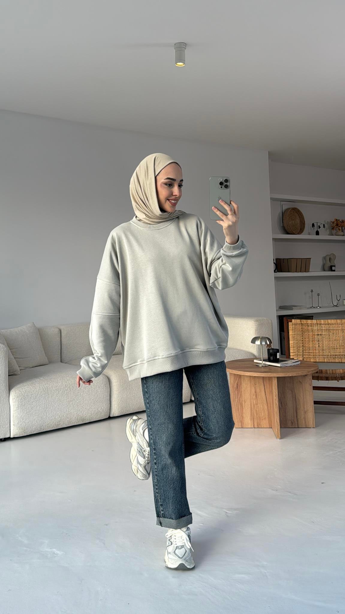 Kolları Dikiş Detaylı Oversize Sweatshirt Gri