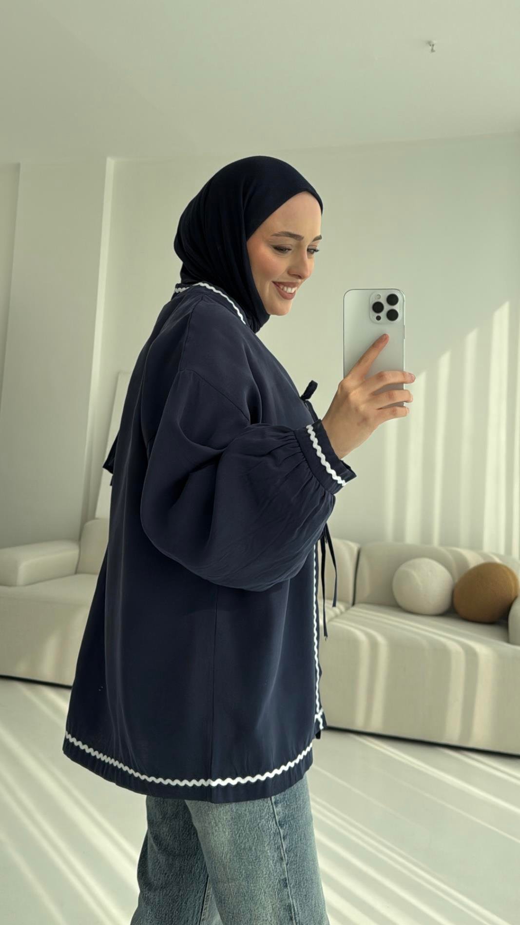 Lacivert Bağlamalı Dantel Detay Kimono 