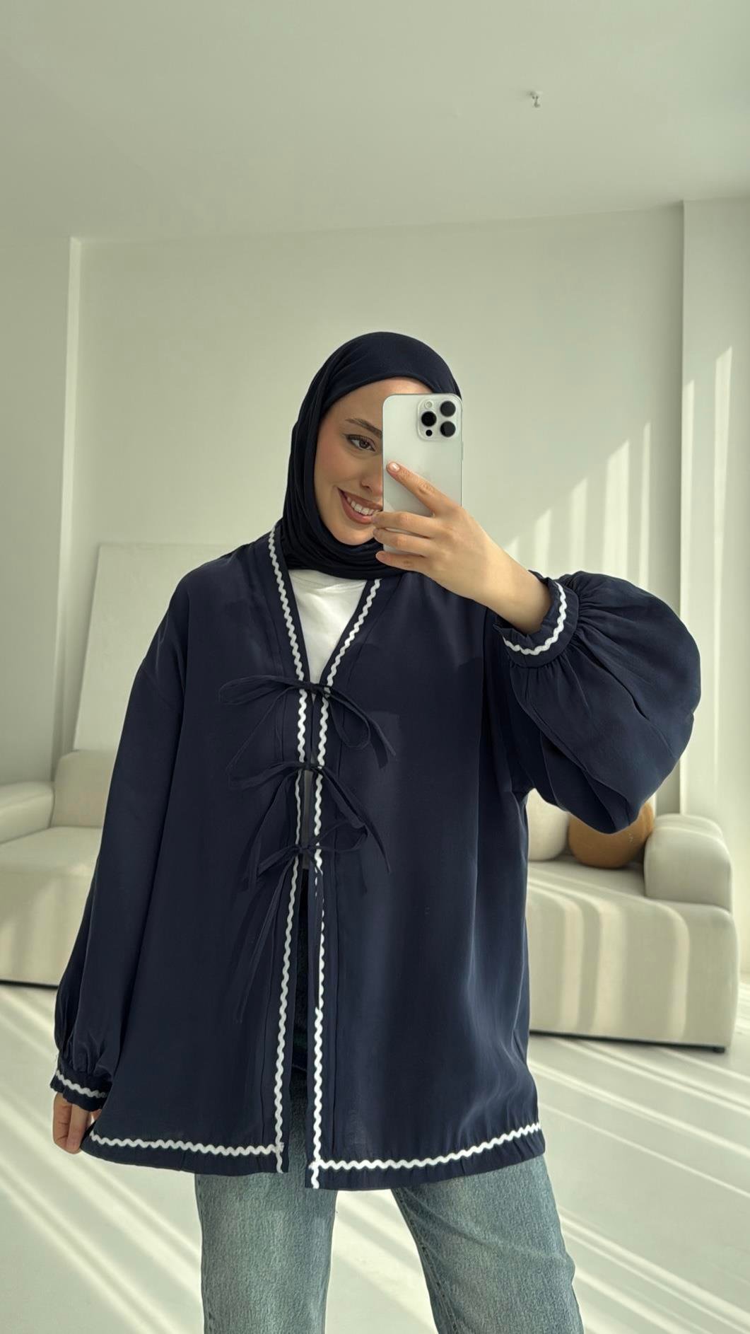 Lacivert Bağlamalı Dantel Detay Kimono 