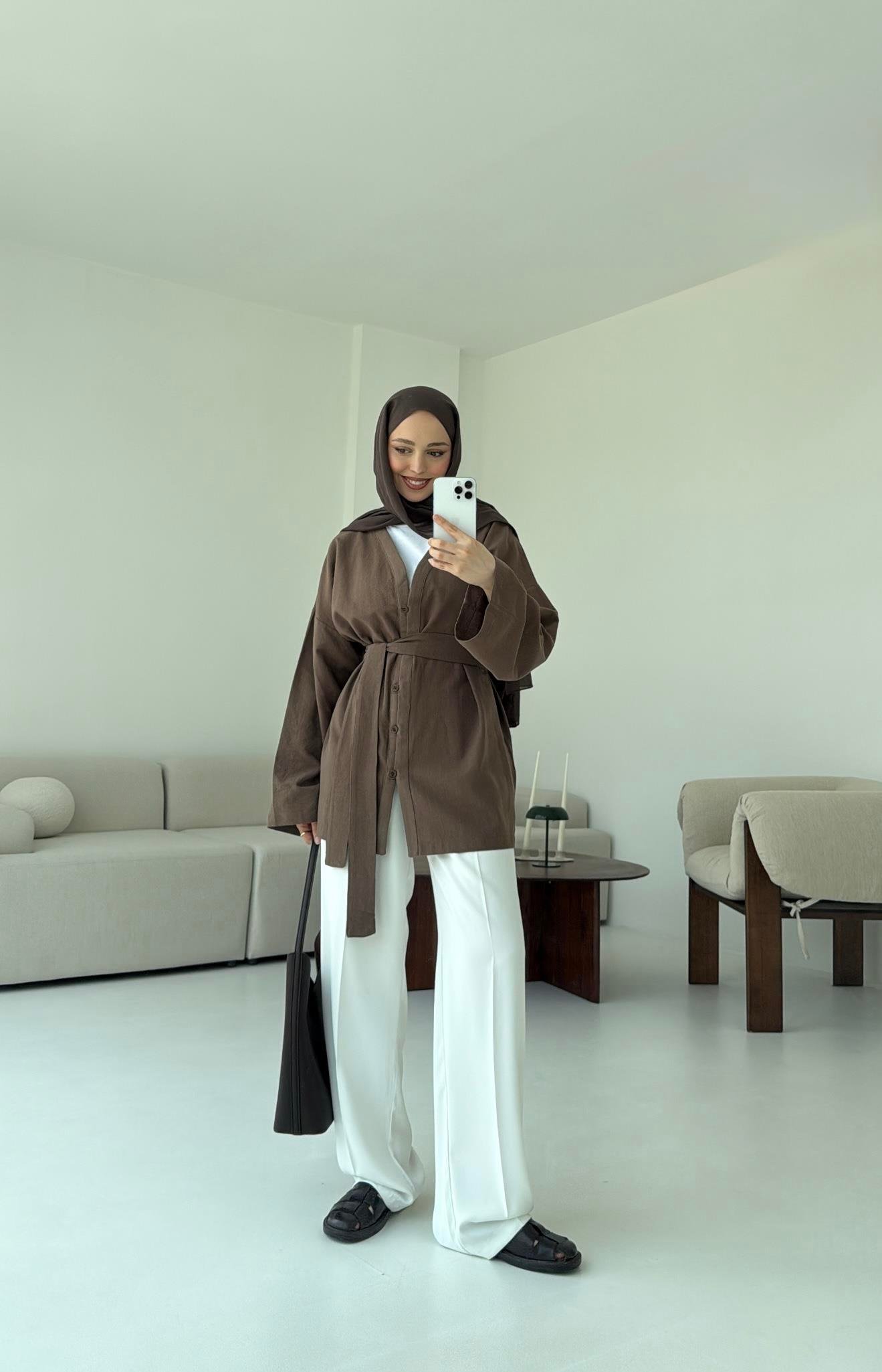Linen Düğmeli Kimono Kahve