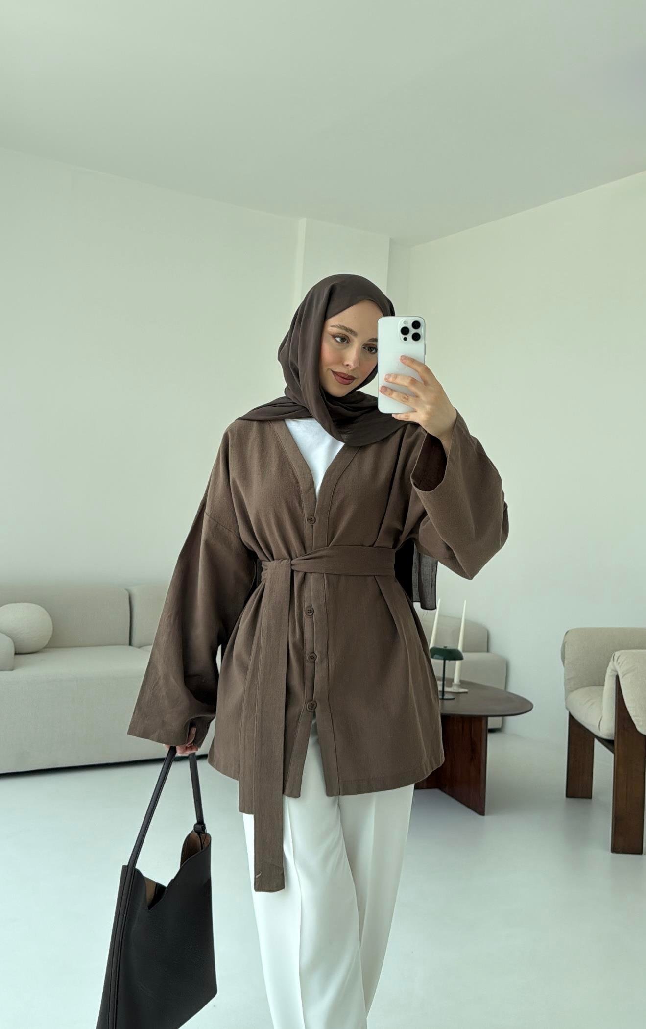 Linen Düğmeli Kimono Kahve