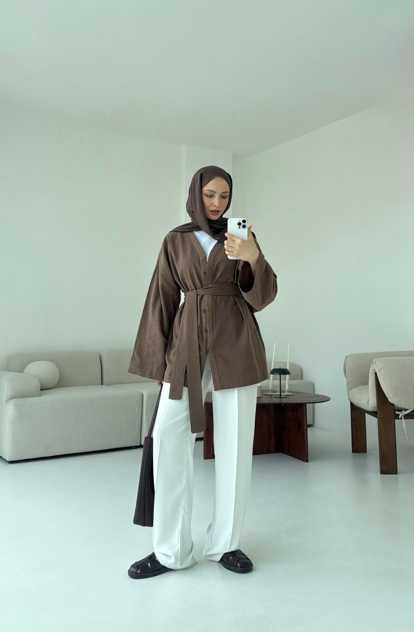 Linen Düğmeli Kimono Kahve