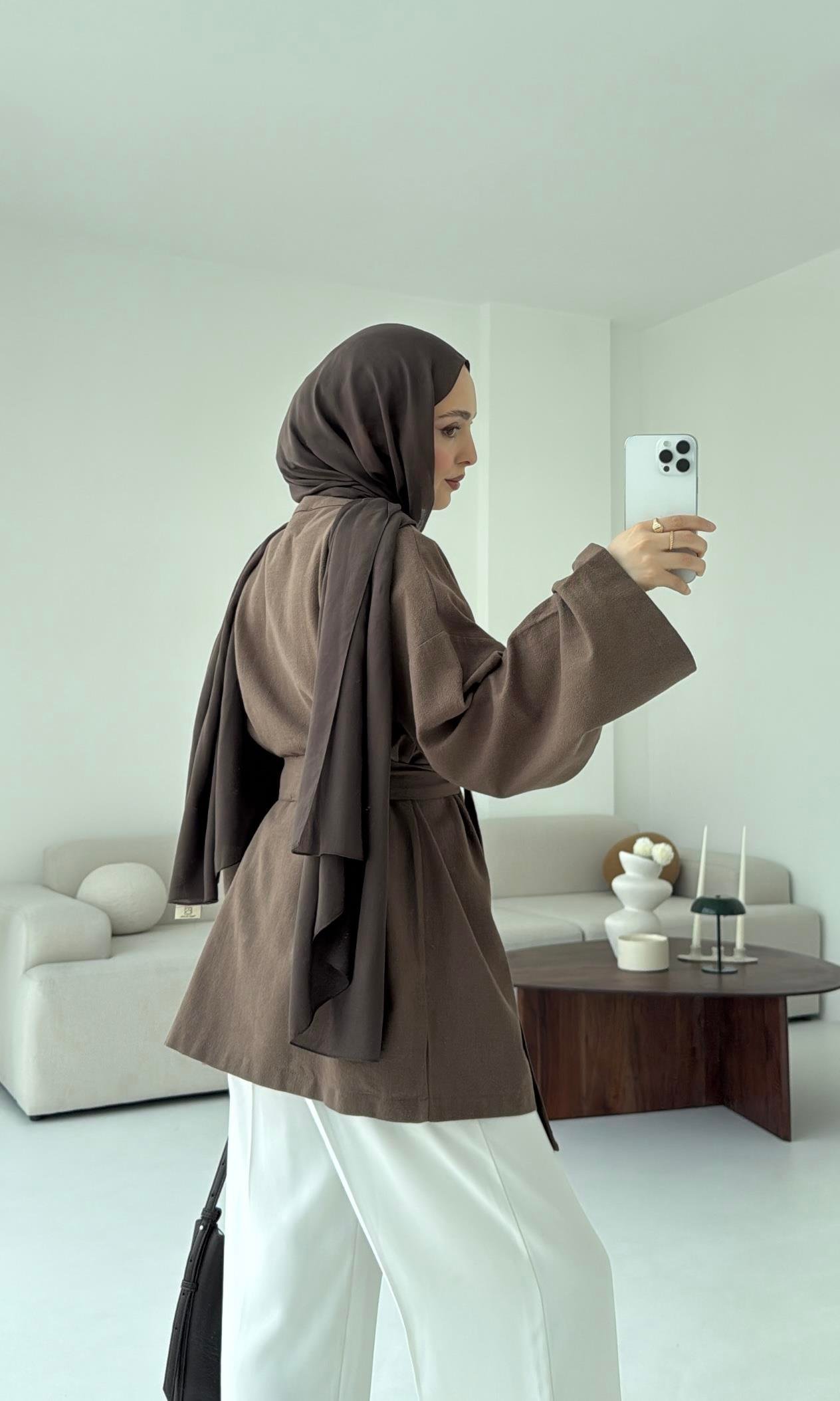Linen Düğmeli Kimono Kahve