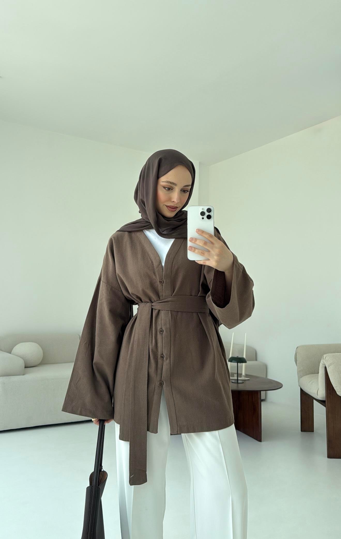 Linen Düğmeli Kimono Kahve