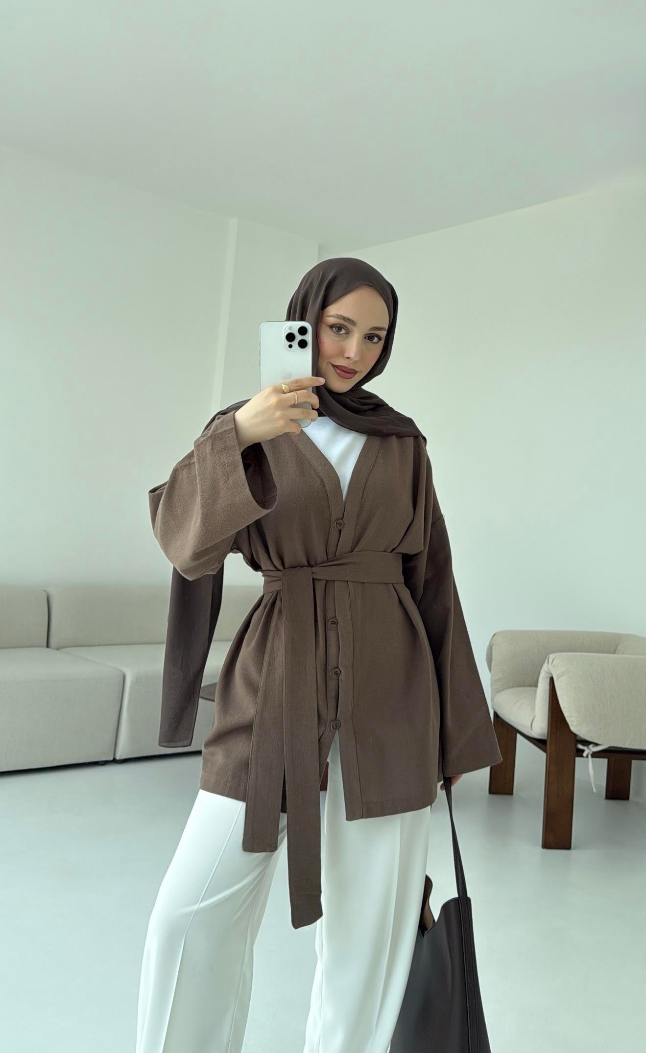 Linen Düğmeli Kimono Kahve
