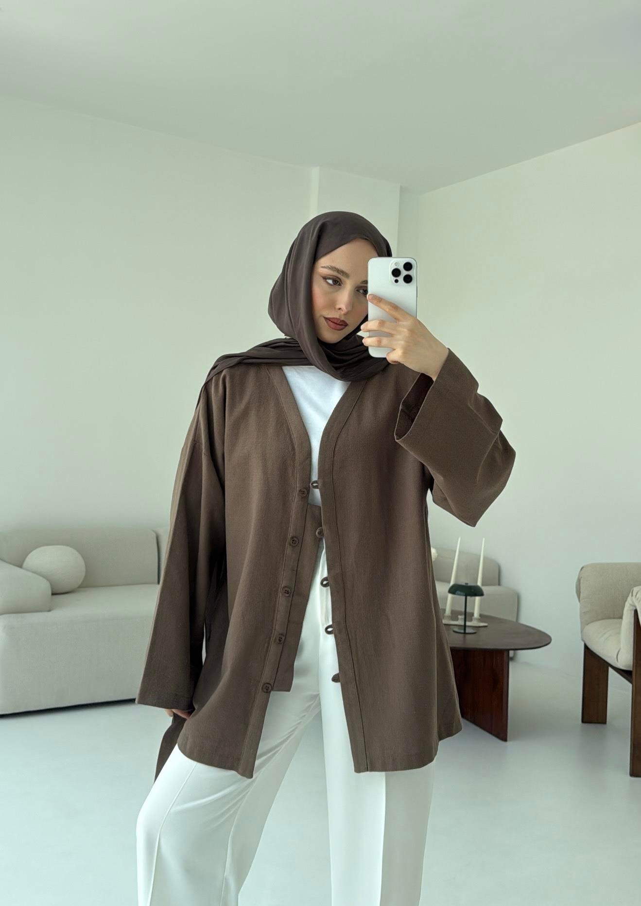 Linen Düğmeli Kimono Kahve