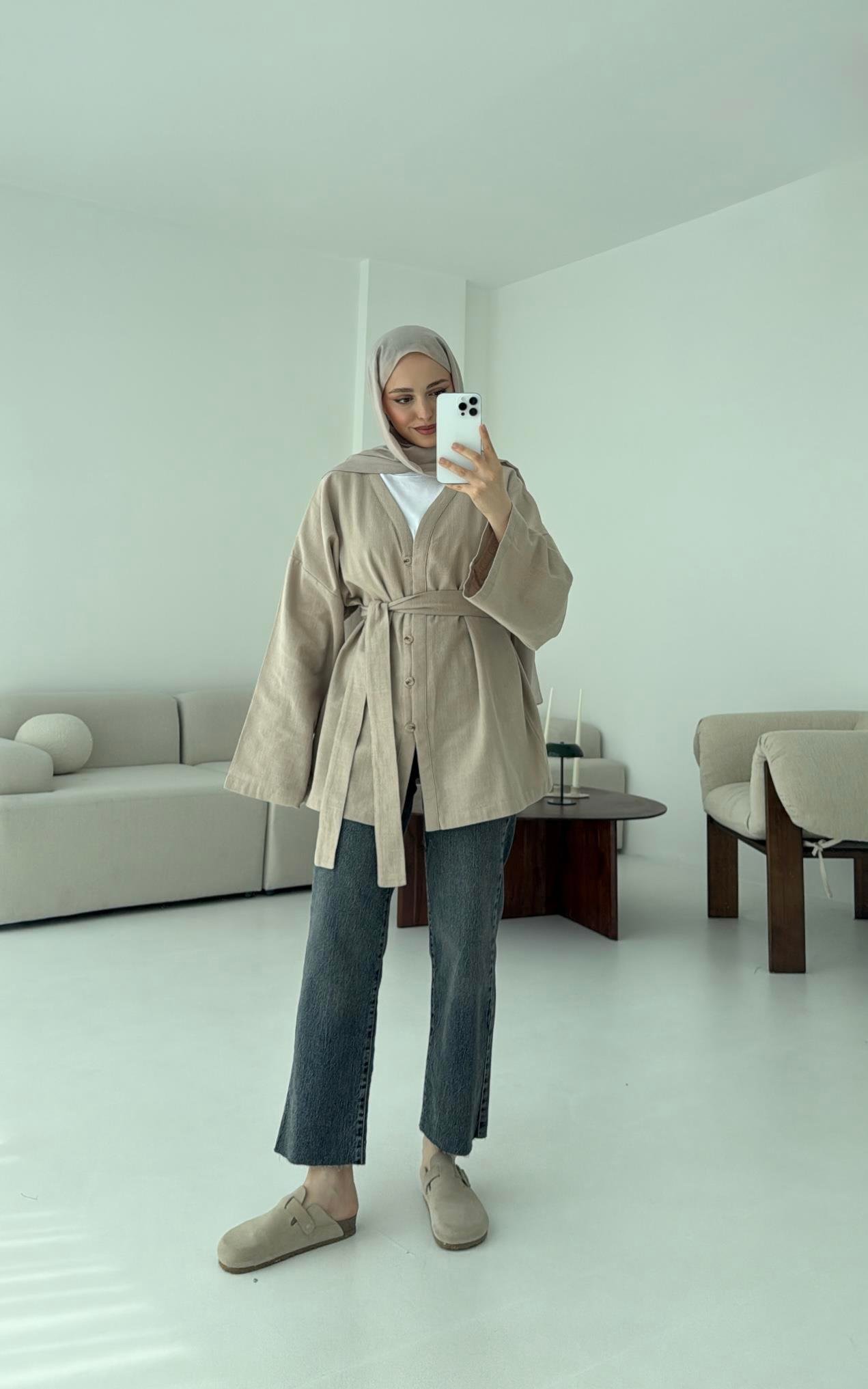 Linen Düğmeli Kimono Vizon