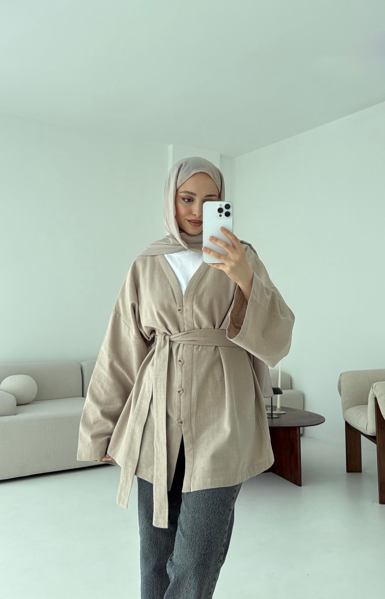 Linen Düğmeli Kimono Vizon