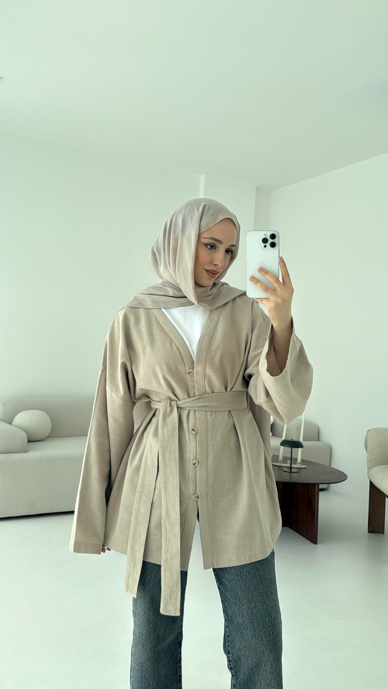 Linen Düğmeli Kimono Vizon