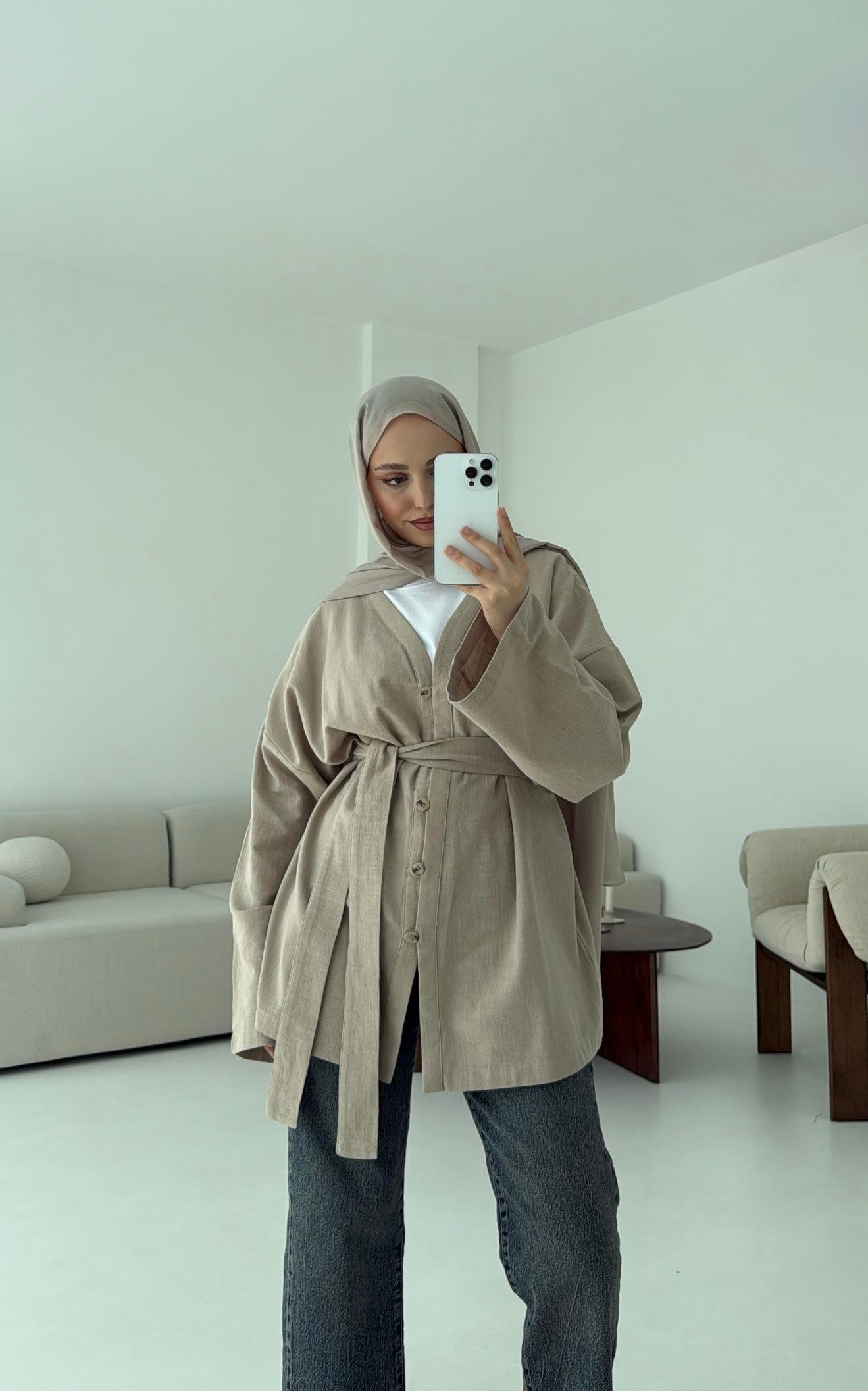Linen Düğmeli Kimono Vizon