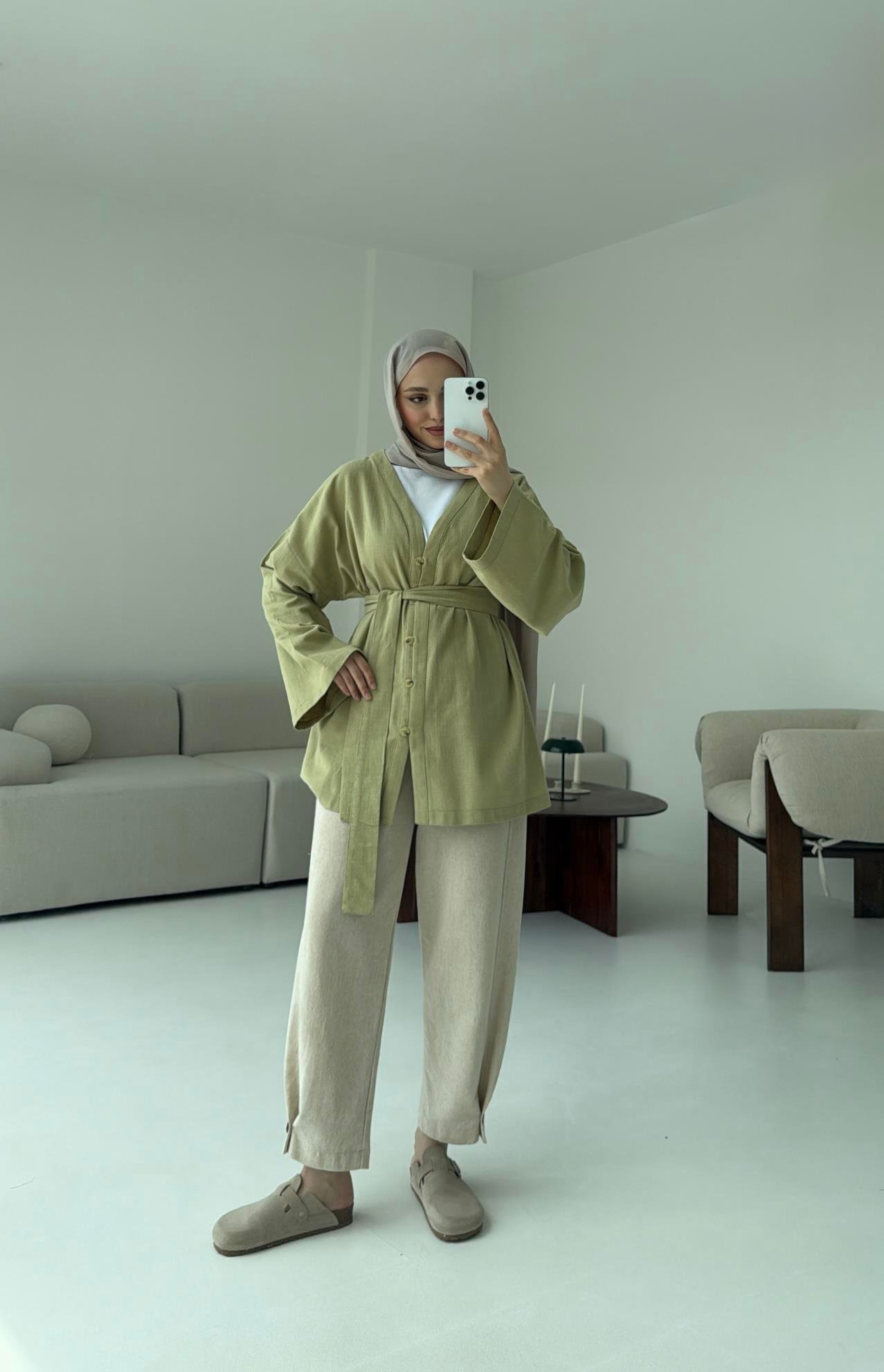 Linen Düğmeli Kimono Yeşil