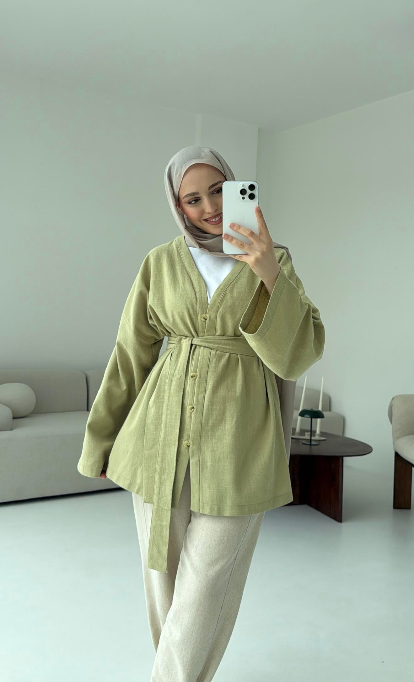 Linen Düğmeli Kimono Yeşil