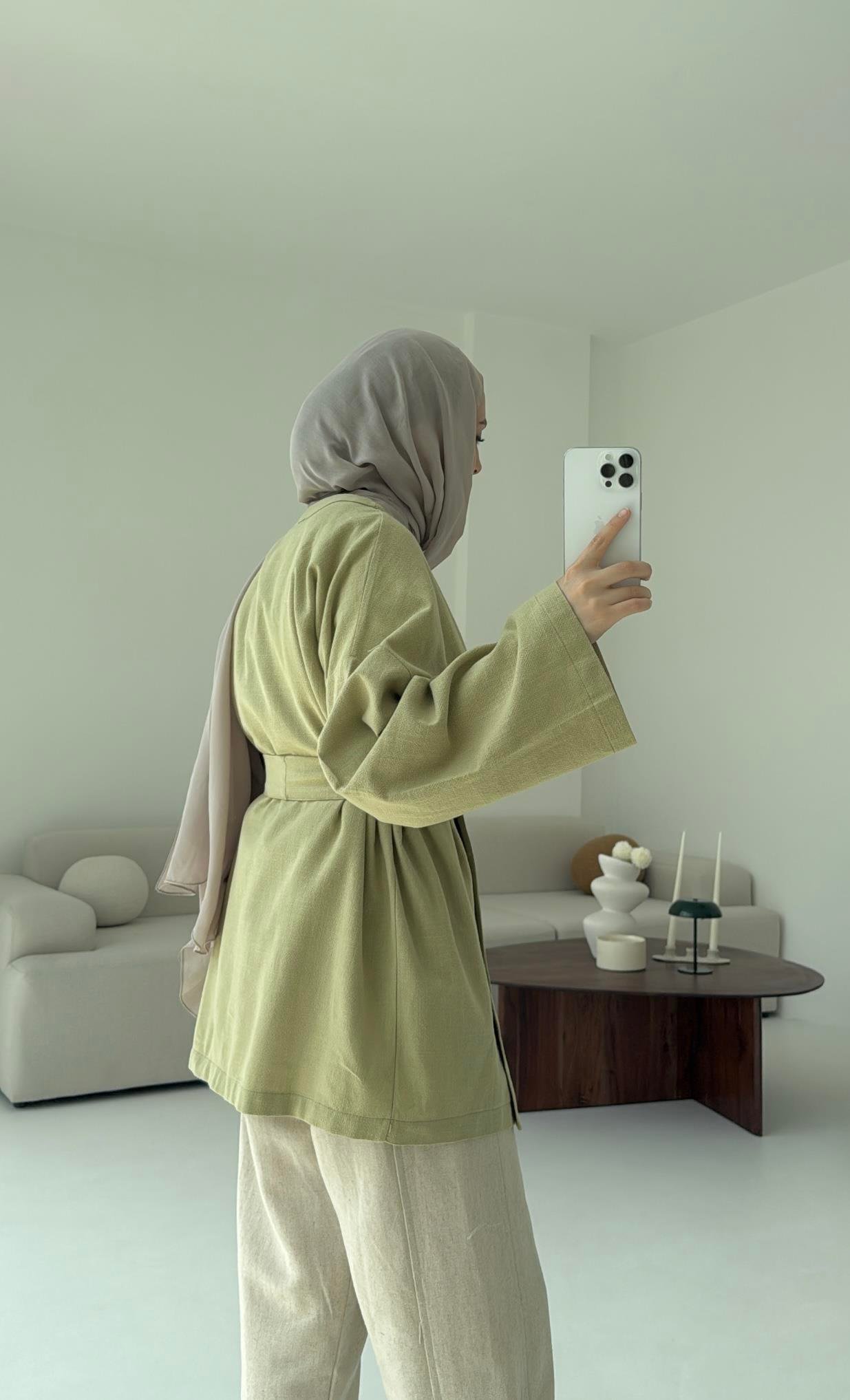 Linen Düğmeli Kimono Yeşil