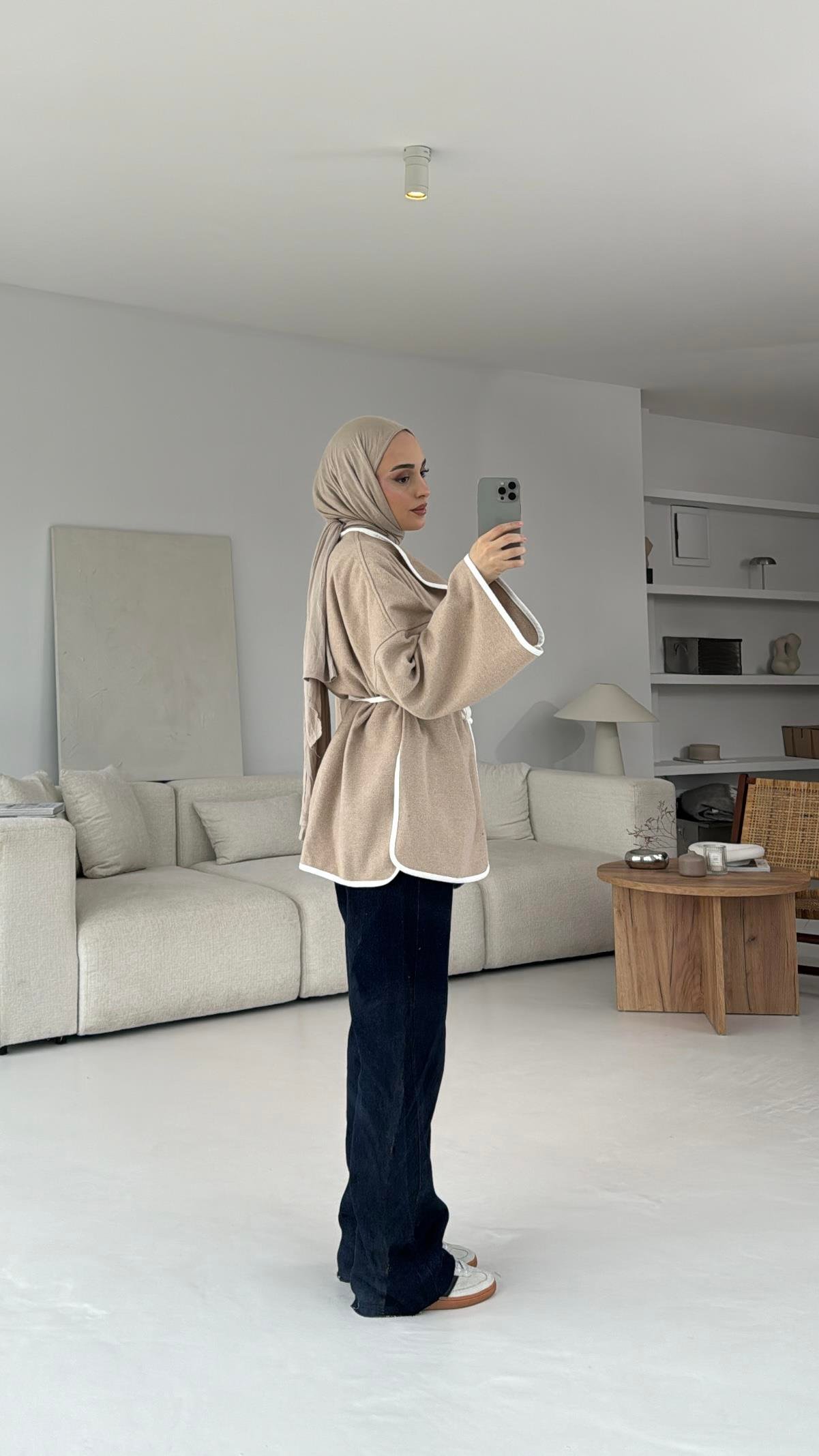 Mevsimlik Kaşe Bağlamalı Kimono Bej