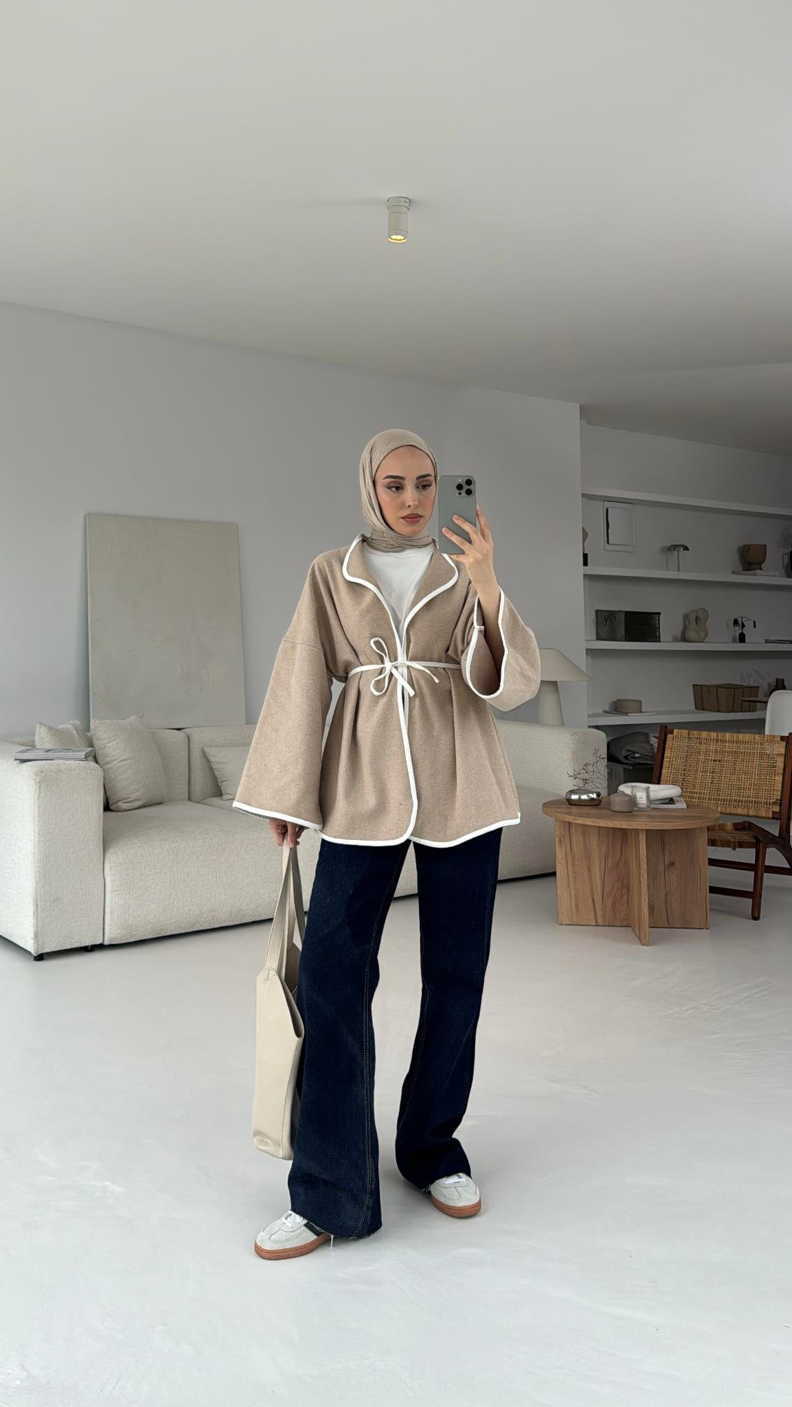 Mevsimlik Kaşe Bağlamalı Kimono Bej