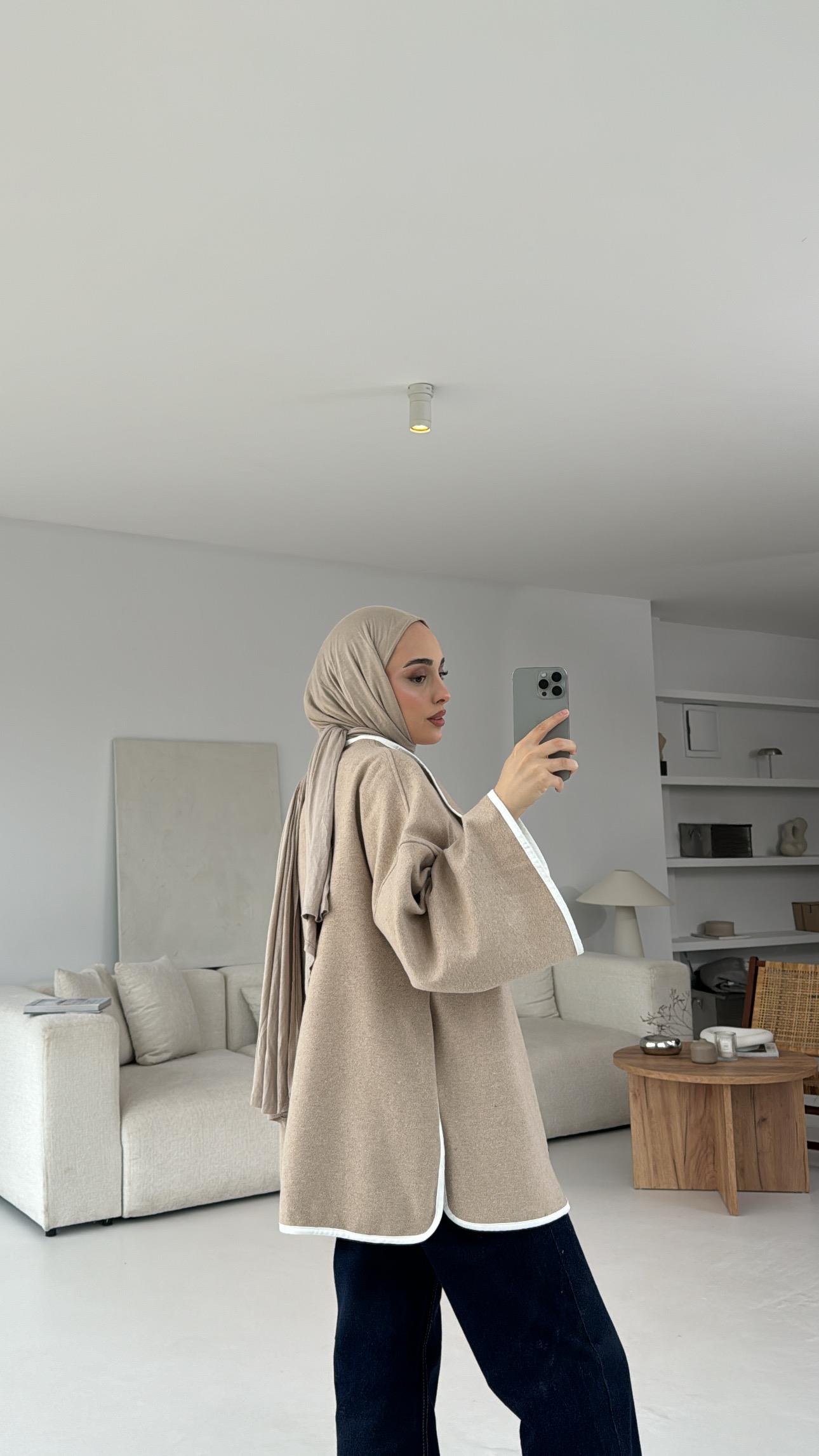 Mevsimlik Kaşe Bağlamalı Kimono Bej