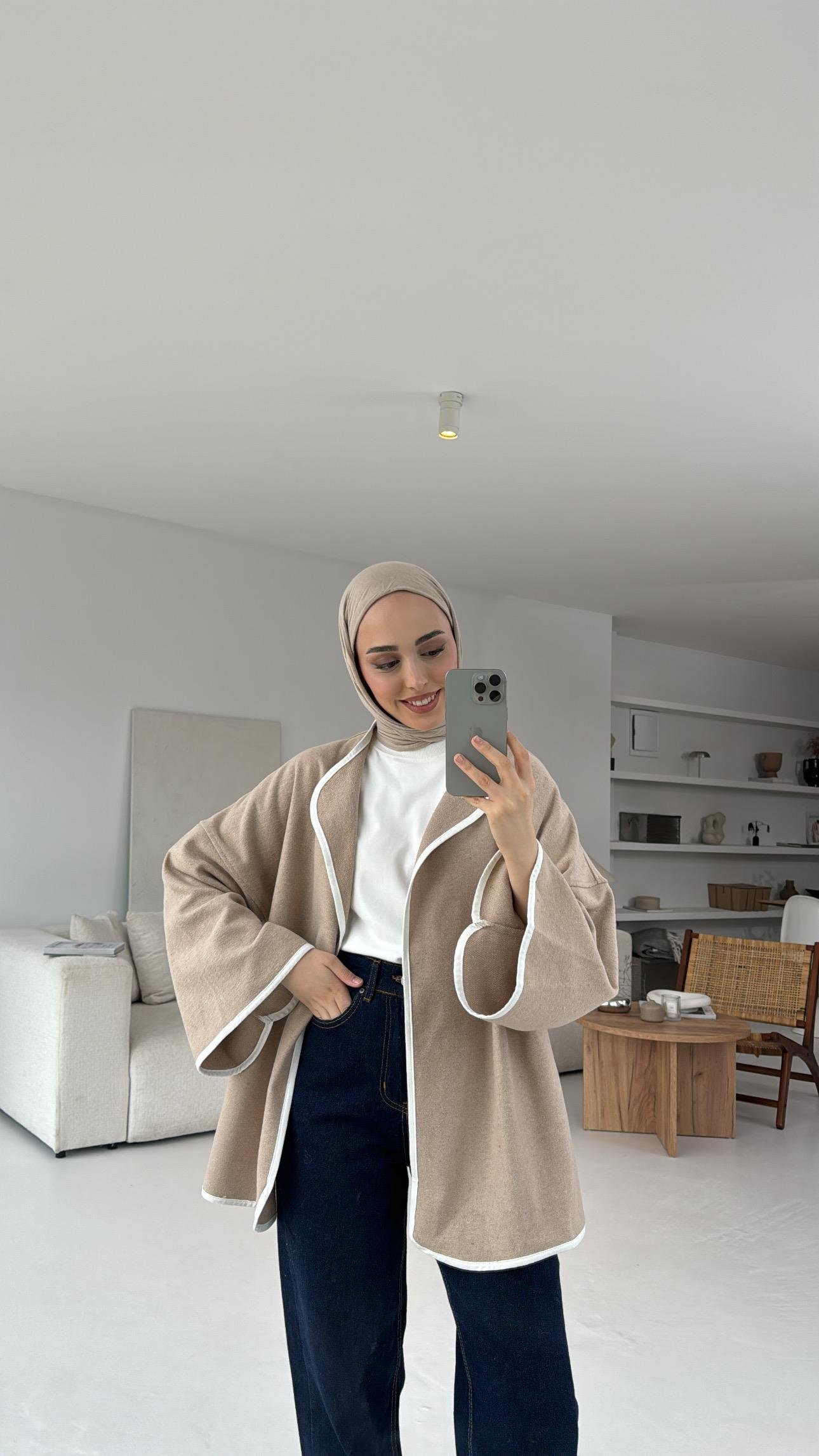 Mevsimlik Kaşe Bağlamalı Kimono Bej
