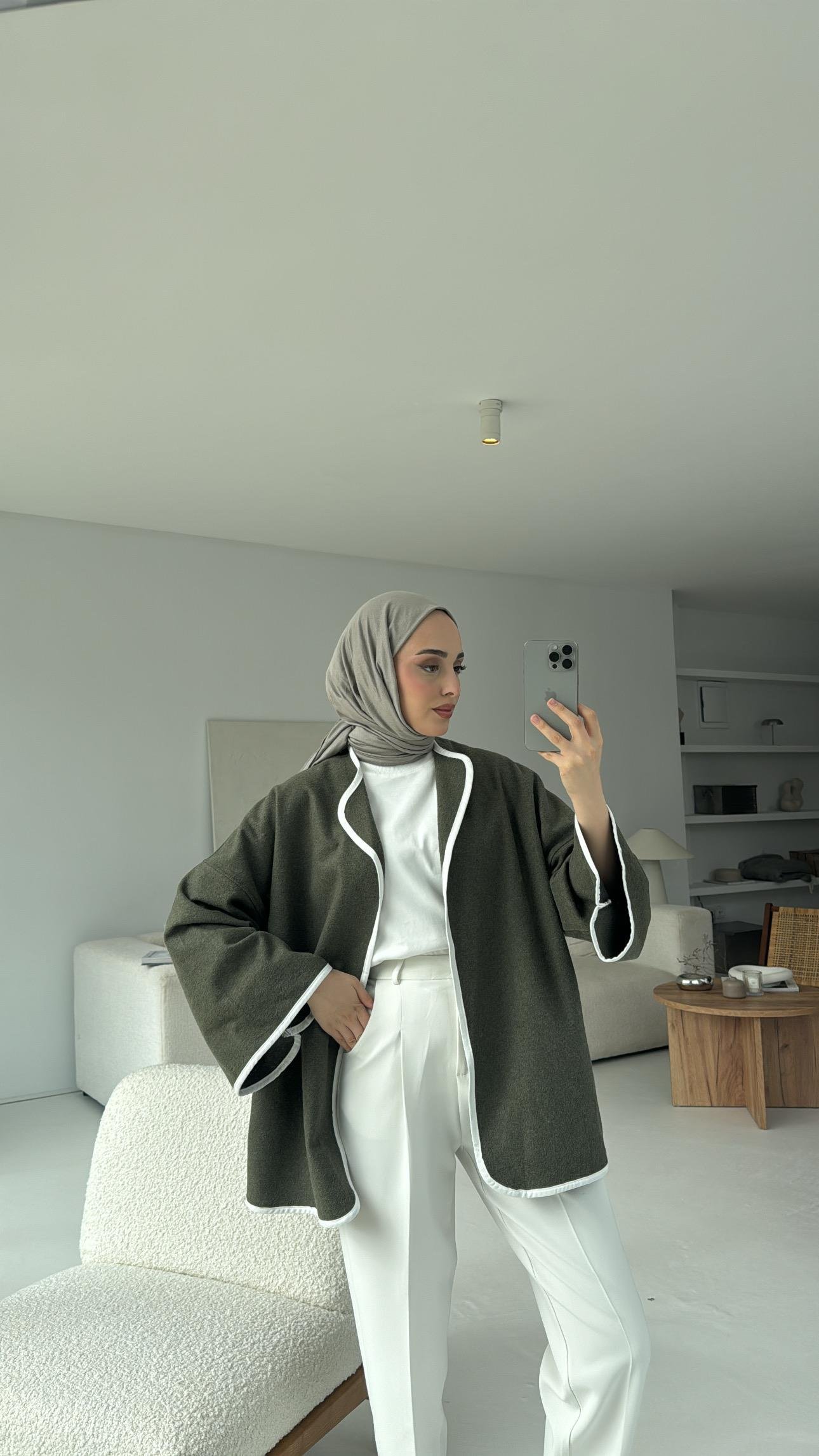 Mevsimlik Kaşe Bağlamalı Kimono Haki