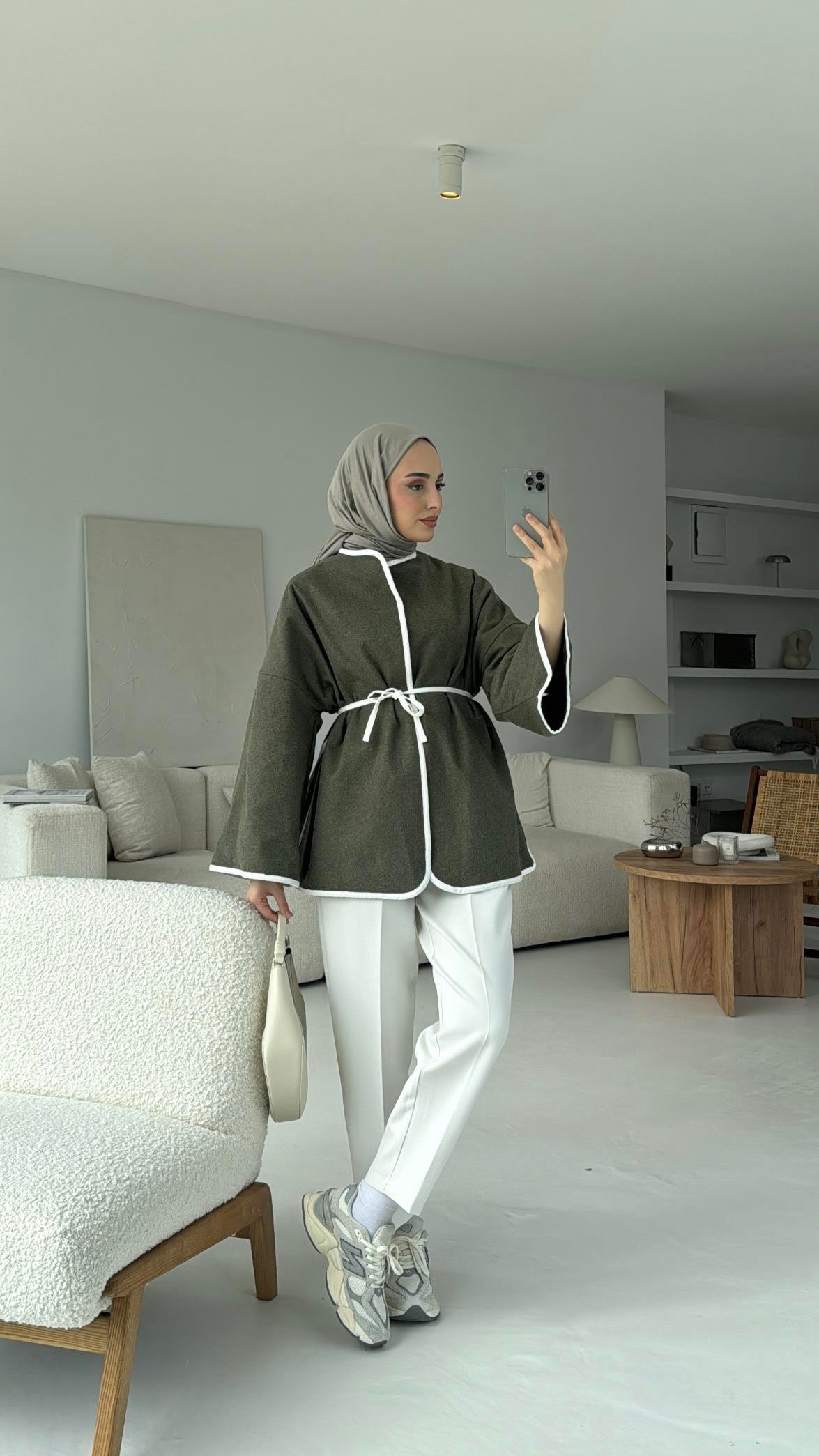 Mevsimlik Kaşe Bağlamalı Kimono Haki