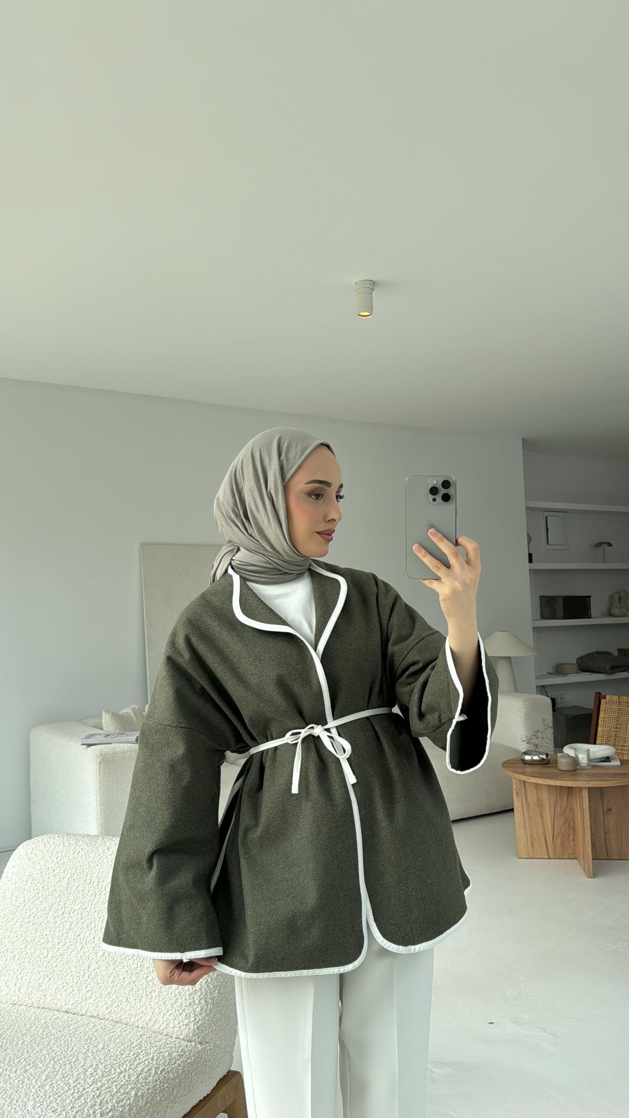 Mevsimlik Kaşe Bağlamalı Kimono Haki