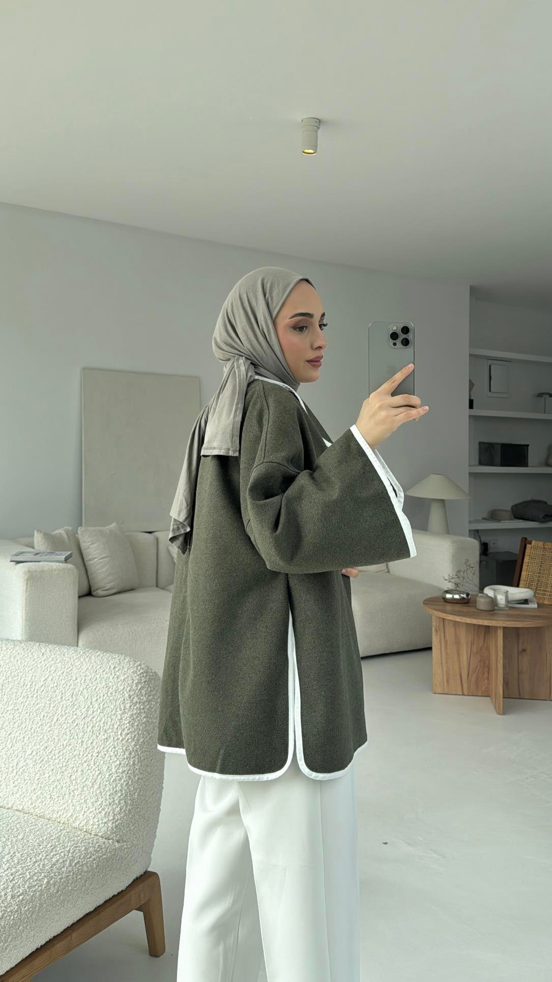 Mevsimlik Kaşe Bağlamalı Kimono Haki