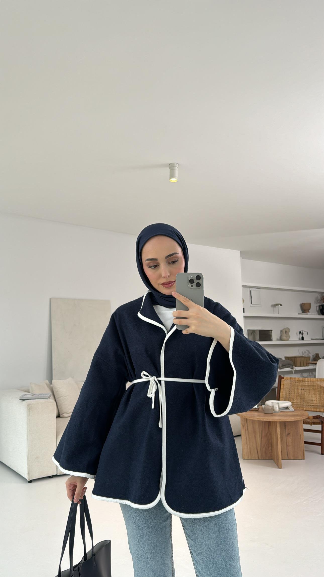 Mevsimlik Kaşe Bağlamalı Kimono Lacivert