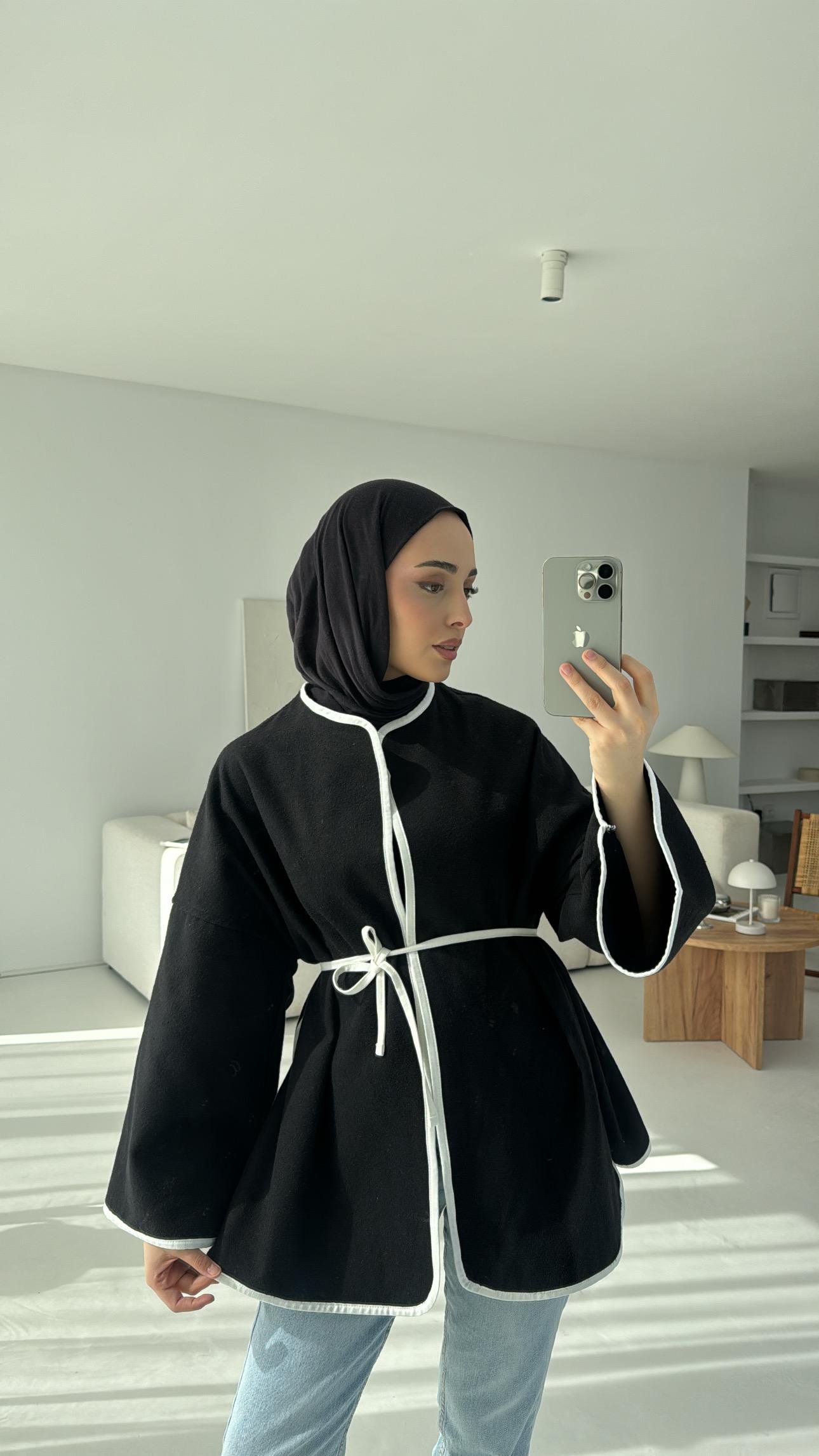 Mevsimlik Kaşe Bağlamalı Kimono Siyah