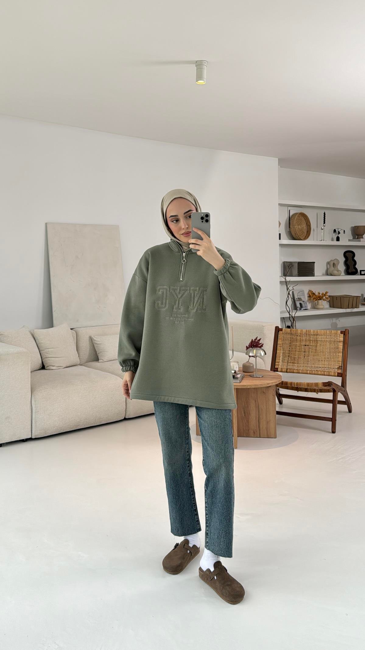 NYC Baskılı Sweatshirt Haki