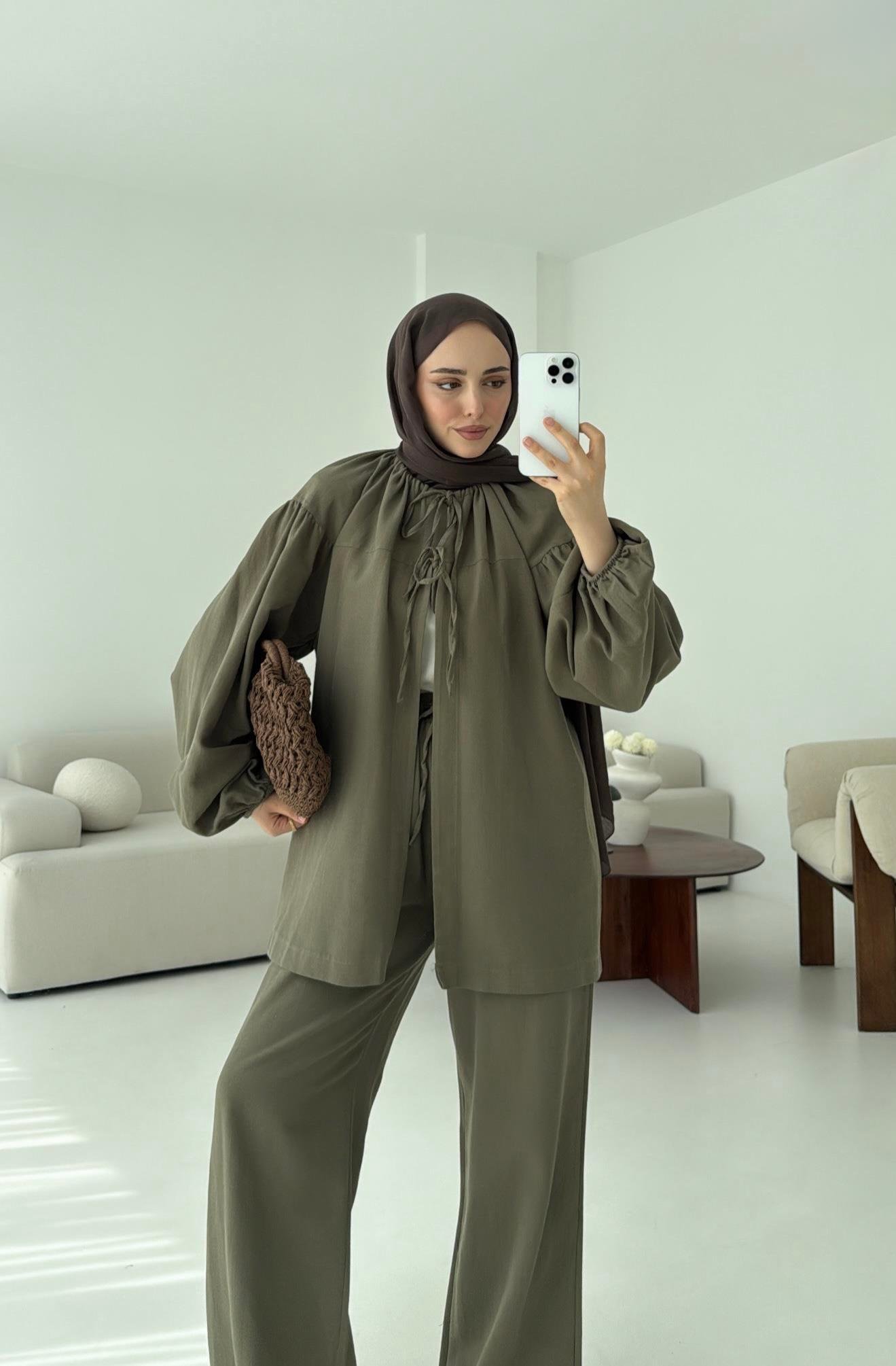 Omuz Büzgülü Kimono Takım Koyu Haki